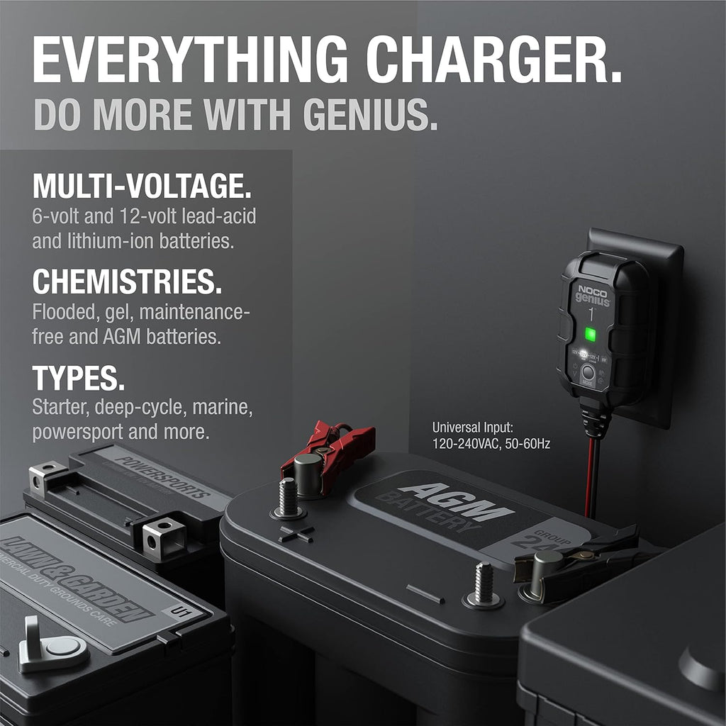 NOCO GENIUS1: 1A 6V/12V Smart Battery Charger – Automatic Maintainer, Trickle Charger & Desulfator with Overcharge Protection & Temperature Compensation – for Lead-Acid & Lithium Batteries