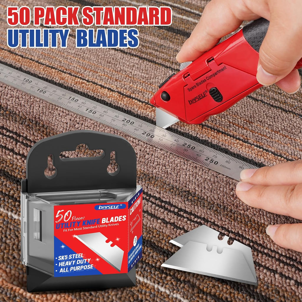 DIYSELF 50 Pack Utility Knife Blades, SK5 Steel Box Cutter Blades with Dispenser, Standard Blades for Box Cutter Utility Knife Replacement, Sharper Utility Blade, Refills