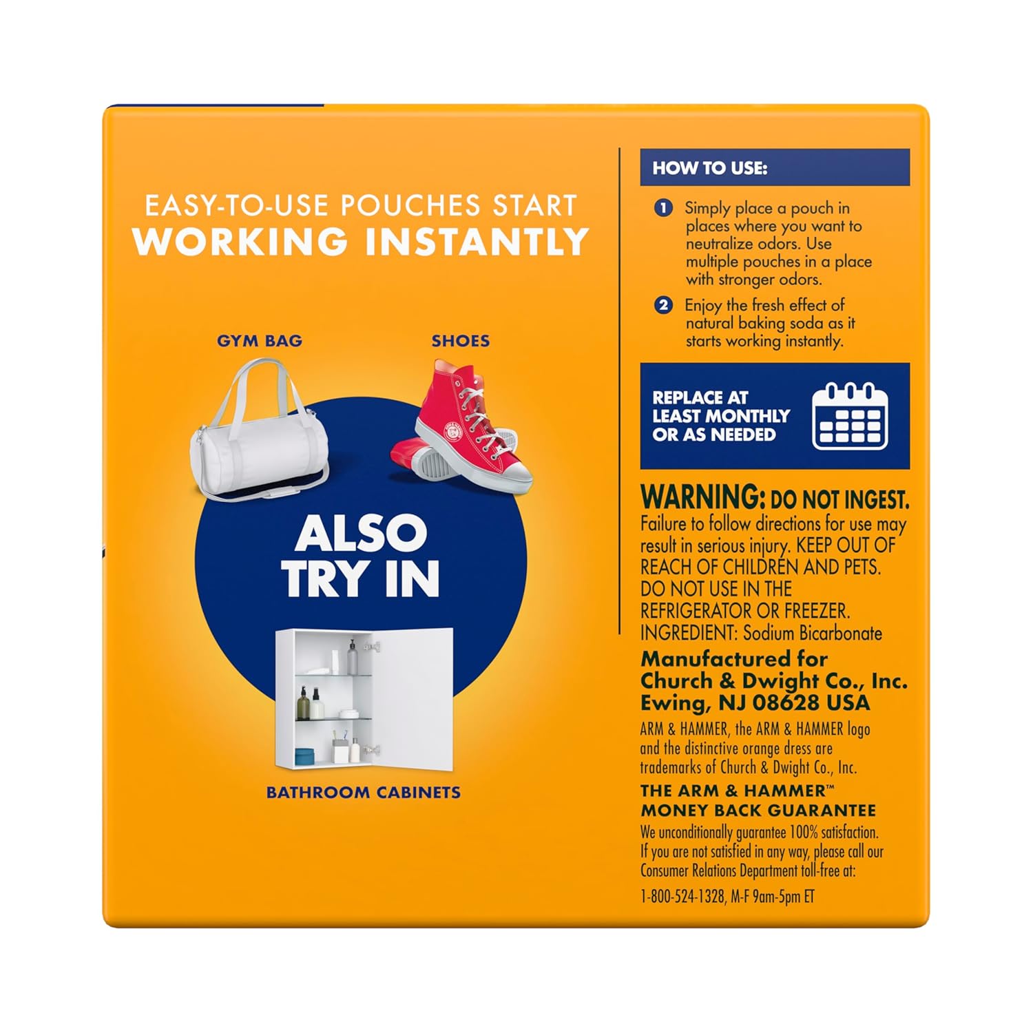 Arm & Hammer Fresh Effects Odor Neutralizing Baking Soda Pouches, Unscented Deodorizer for Long Lasting Freshness in Shoes, Gym Bags, & Small Spaces, 5 count