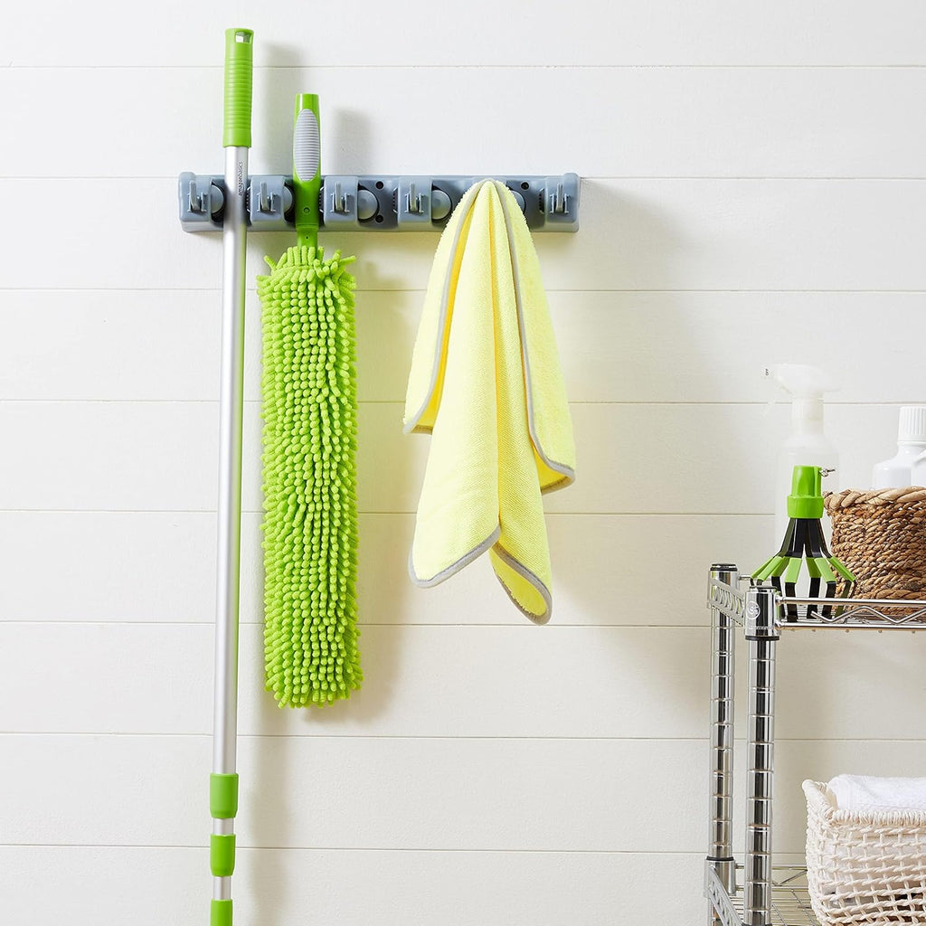 Amazon Basics Rectangular Heavy Duty Wall Mount Broom and Mop Holder, Sturdy Tool Organizer with Hooks and Slots for Garage, Garden, Laundry, Kitchen Organization, 2.36 x 16.9 x 3.35 in, Gray