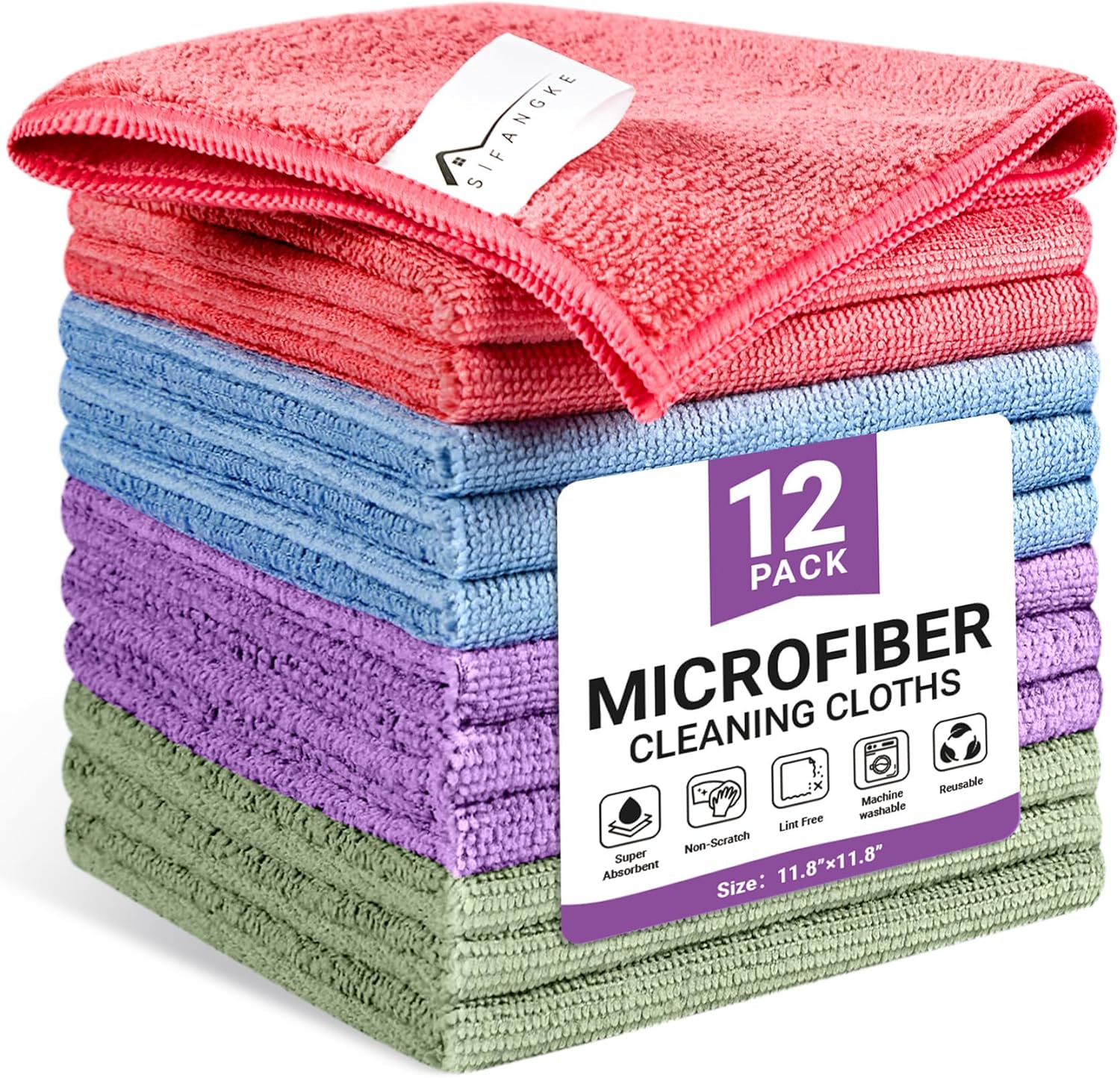 SIFANGKE Microfiber Cleaning Cloth, 12 Pack Assorted Color Cleaning Rags for Housekeeping, Colorful Reusable Microfiber Towels for Car, Kitchen, Bathroom and Household Cleaning Supplies, 11.8"X11.8"