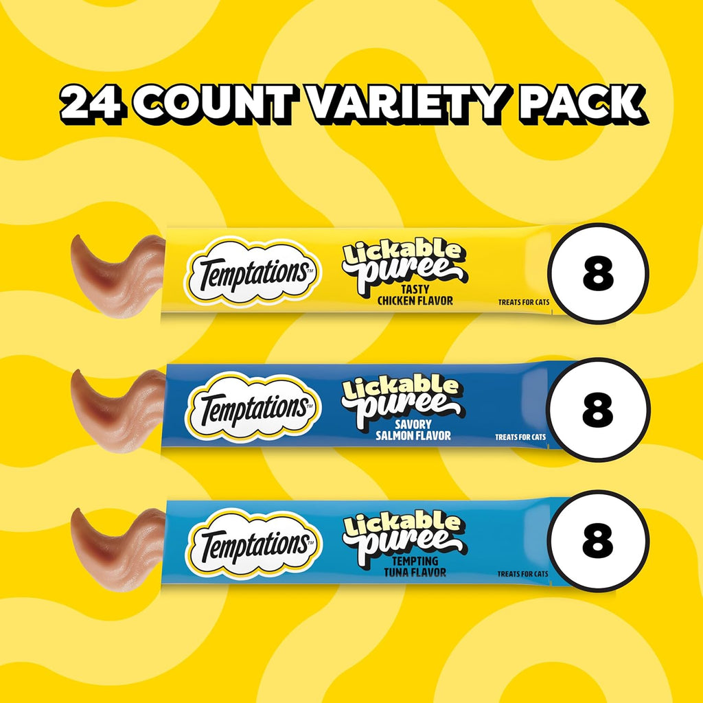 Temptations Creamy Puree Squeezable Lickable Cat Treats, Wet Cat Treats with Chicken, Salmon, and Tuna Variety Pack, 0.42 oz. Tubes, 24 Count