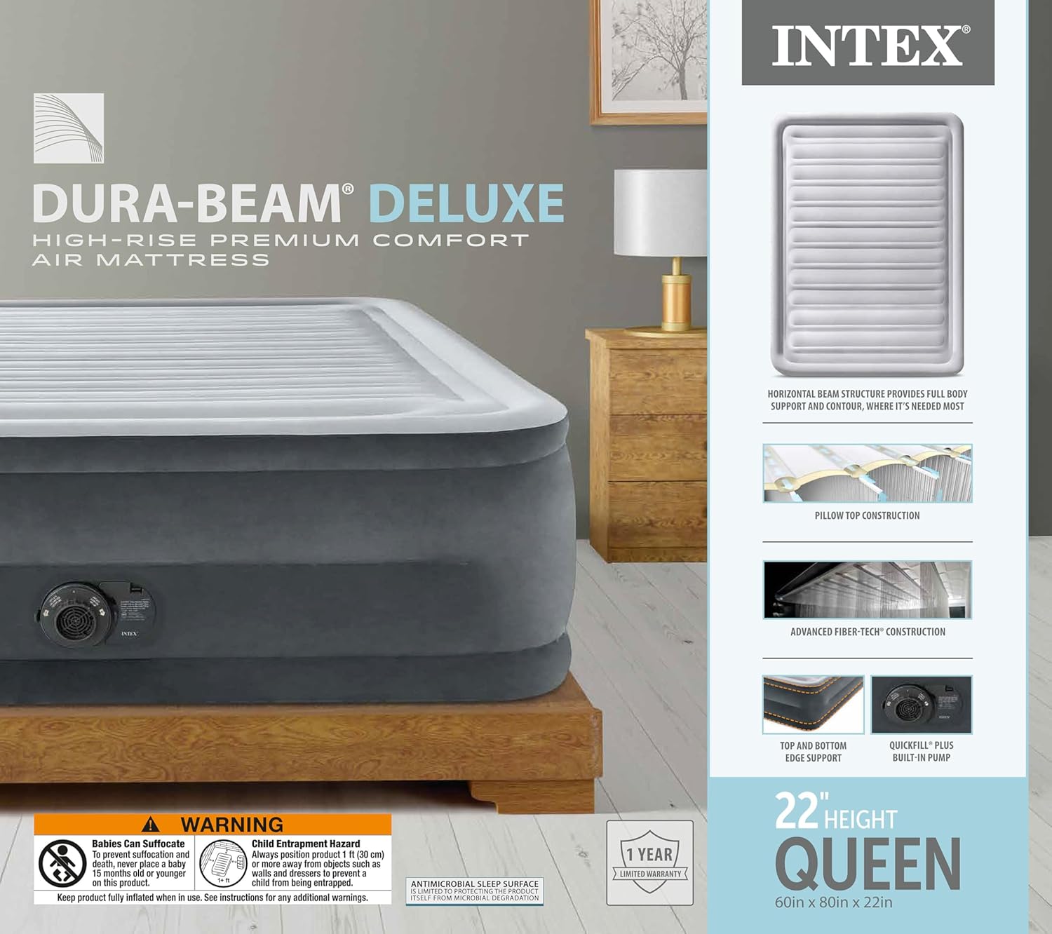 Intex 64417ED 22in Queen Dura-Beam Comfort Plush High-Rise Inflatable Air Mattress with Built in Pump for Travel and Camping, 600lb Weight Capacity