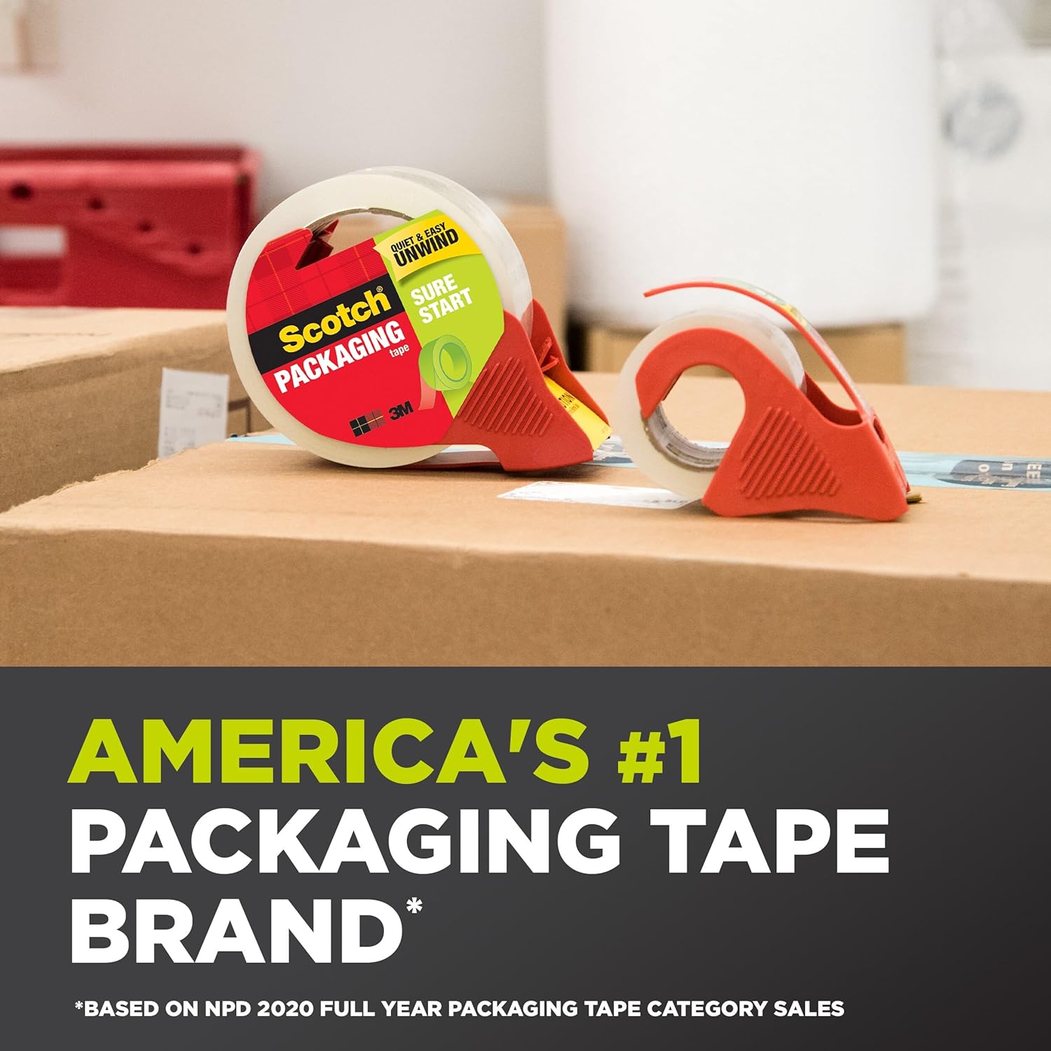 Scotch Sure Start Packing Tape, Clear, Quiet Unwind and Easy Start, 1.88 in. x 22.2 yd., 6 Tape Rolls with Dispensers