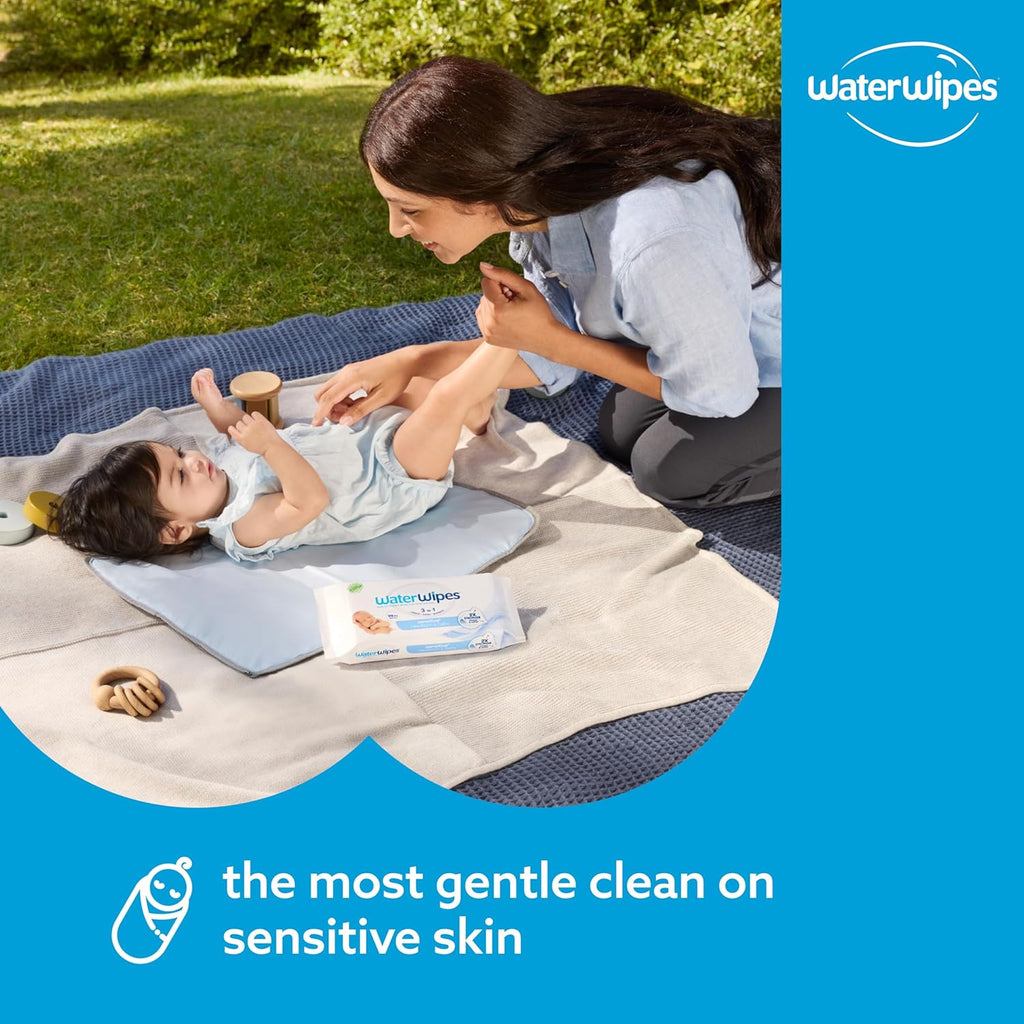WaterWipes Sensitive+ Newborn & Baby Wipes, 3-In-1 Cleans, Cares, Protects, 99.9% Water, Unscented & Hypoallergenic, 720 Count (12 Packs)