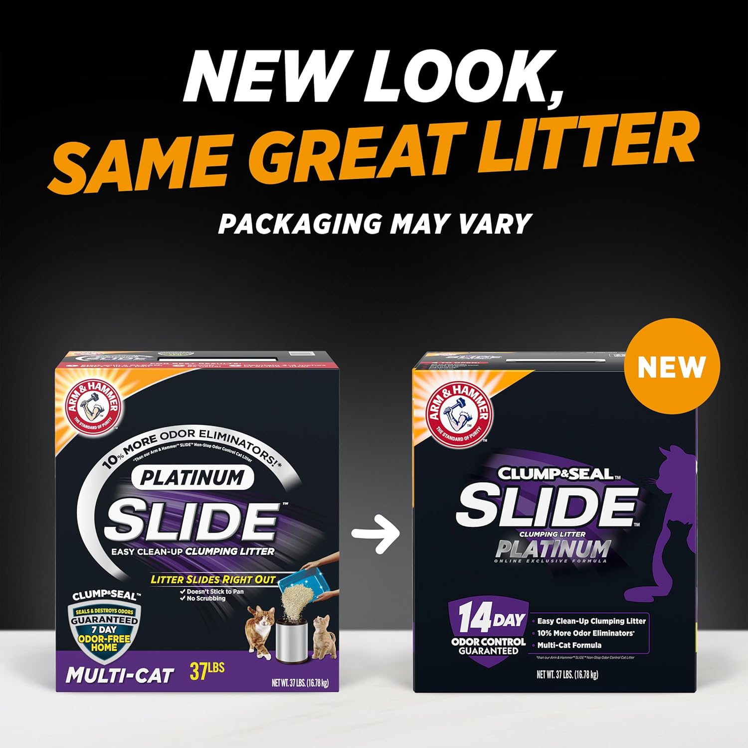 ARM & HAMMER Clump & Seal SLIDE Platinum Multi-Cat Clumping Cat Litter, Easy Clean Technology with No Scrubbing, 14-Day Odor Control, 37 lbs