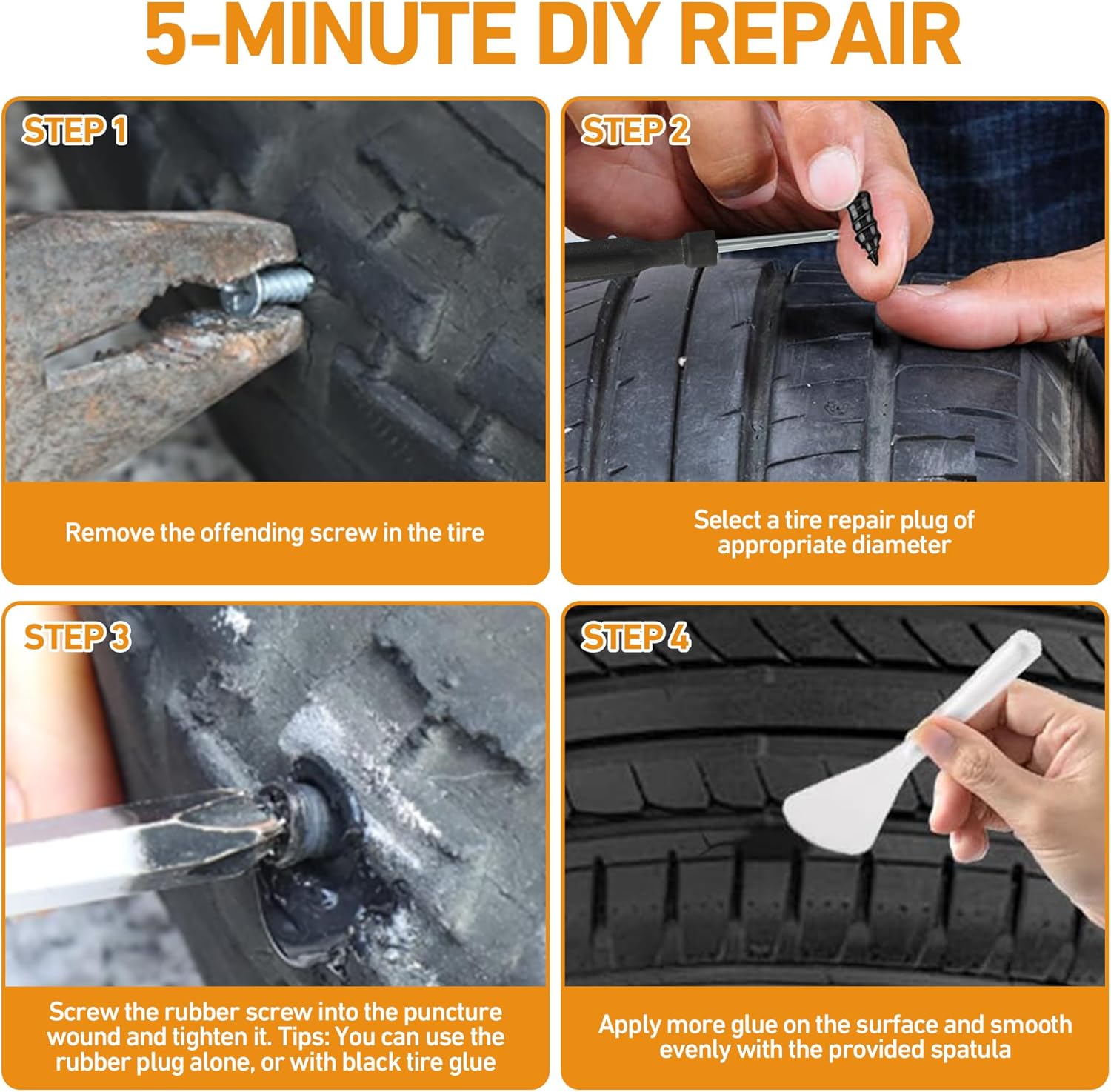 40 PCS Tire Repair Rubber Nails Kit with 2 Tubes of Black Tire Sealant Glue, 2026 New Screw in Tire Plugs Kit, Fast Self-Service Tire Repair Screws Kit for Car Motorcycle Truck Tractor Puncture Repair