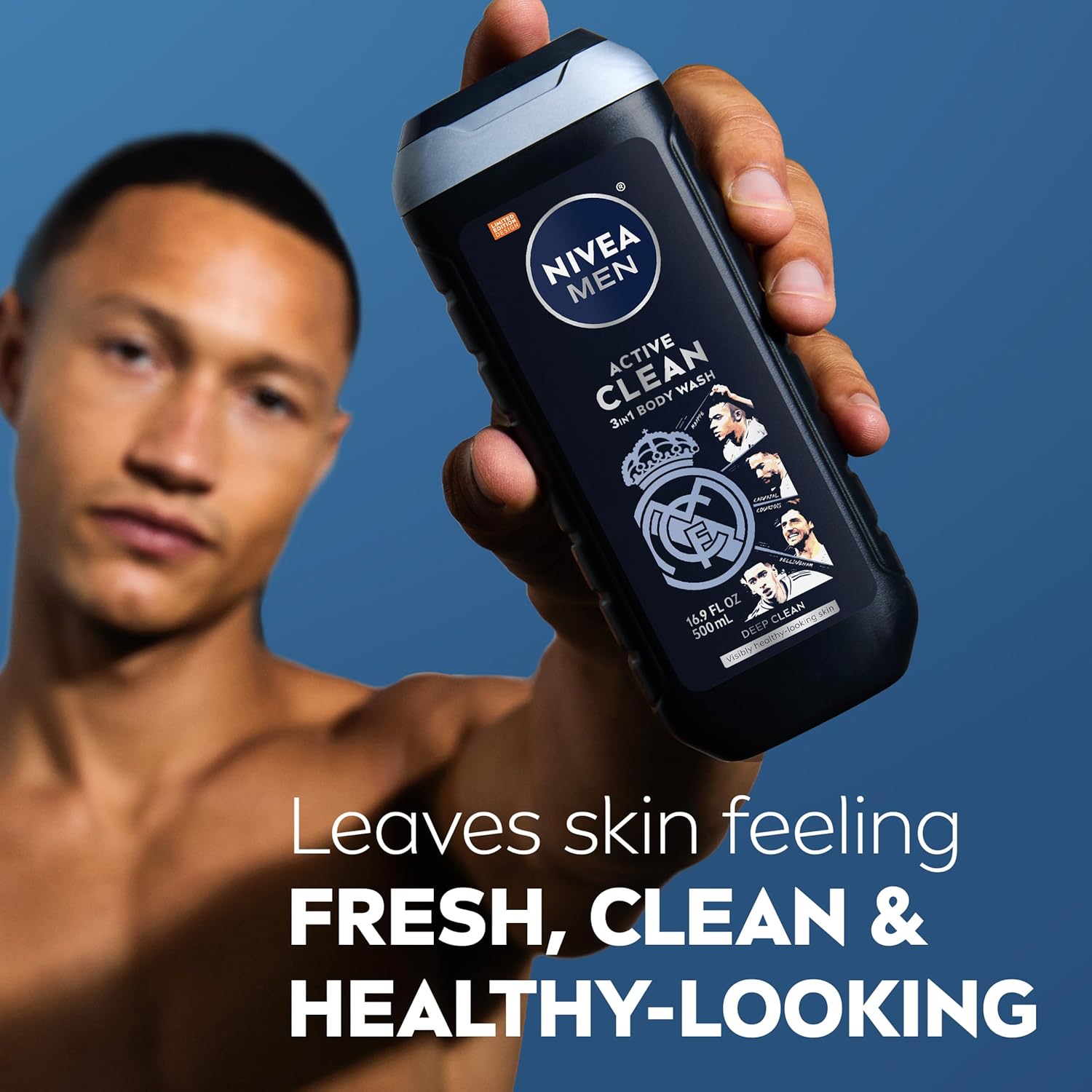 NIVEA MEN Real Madrid Limited Edition Design Active Clean Body Wash with Natural Charcoal for Normal to Oily Skin, 3-in-1 Charcoal Body Wash, Face and Hair, 16.9 Fl Oz Bottle, Pack of 3