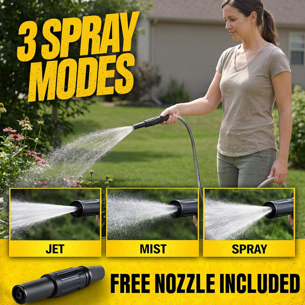 BIONIC STEEL 100 Ft Metal Garden Hose with Sprayer Nozzle, Non Kinking Designed Stainless Steel Heavy Duty Water Hose 100 Ft x 5/8 in. Flexible NON Expandable for Uninterrupted Water Flow, 500 PSI