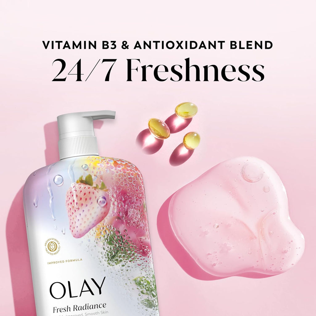 Olay Body Wash for Women, Fresh Radiance, 24/7 Skin-Loving Freshness, Visibly Radiant, Plant Based Cleansers, Vitamin B3 & Antioxidant Blend, For All Skin Types, Strawberry & Mint Scent, 29 fl oz