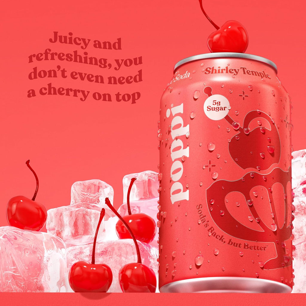 Poppi Sparkling Prebiotic Soda Beverage with Apple Cider Vinegar, Seltzer Water and Fruit Juice, Shirley Temple, 12 Fl Oz, Pack of 12