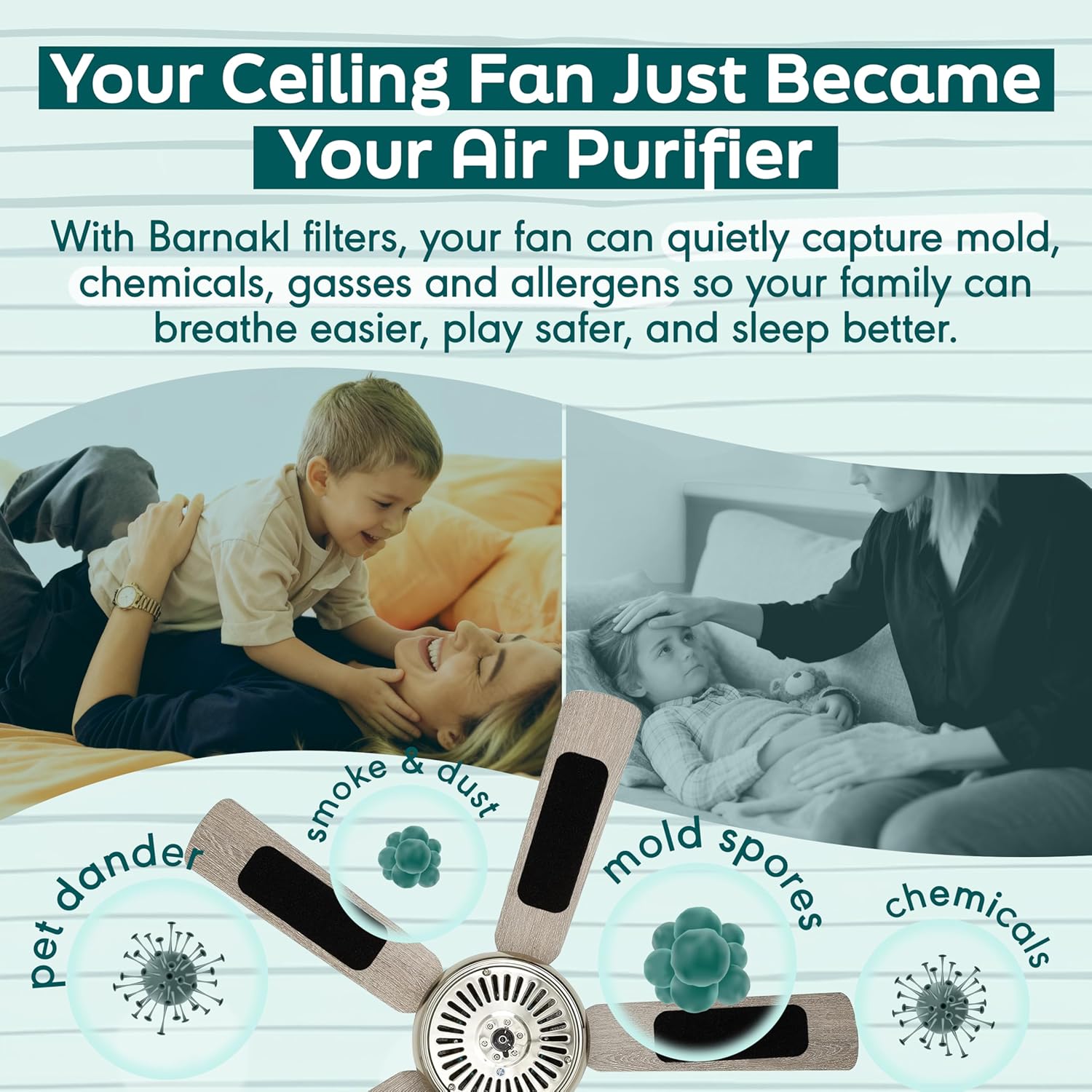 Barnakl Ceiling Fan Air Purifier Pads, Activated Coconut Shell Carbon Fan Filters Trap Dust, Odors & Allergens, Easy-Stick Universal Fit for Ceiling Fan Blades, Odorless & Unscented - (5 Count)