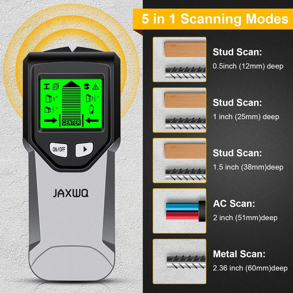 Stud Finder Wall Scanner - 5 in 1 Stud Finder Tool w/Smart Chip and HD LCD Display, Stud Detector Beam Finders for the Center and Edge of Wood AC Wire Metal Studs Joist Pipe (‎Silver Plate)