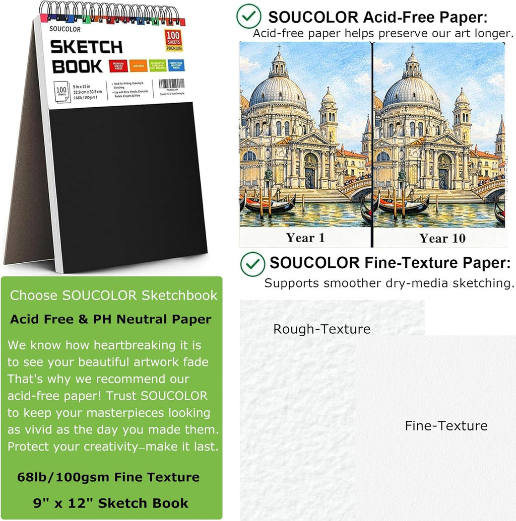 Soucolor 9" x 12" Sketch Book, 100 Sheets Top Spiral Bound Sketchbook with Acid-Free 68lb/100gsm Thick Drawing Paper, Art Sketch Pad for Kids, Adults & Artist, Professional Art Supplies for Beginners