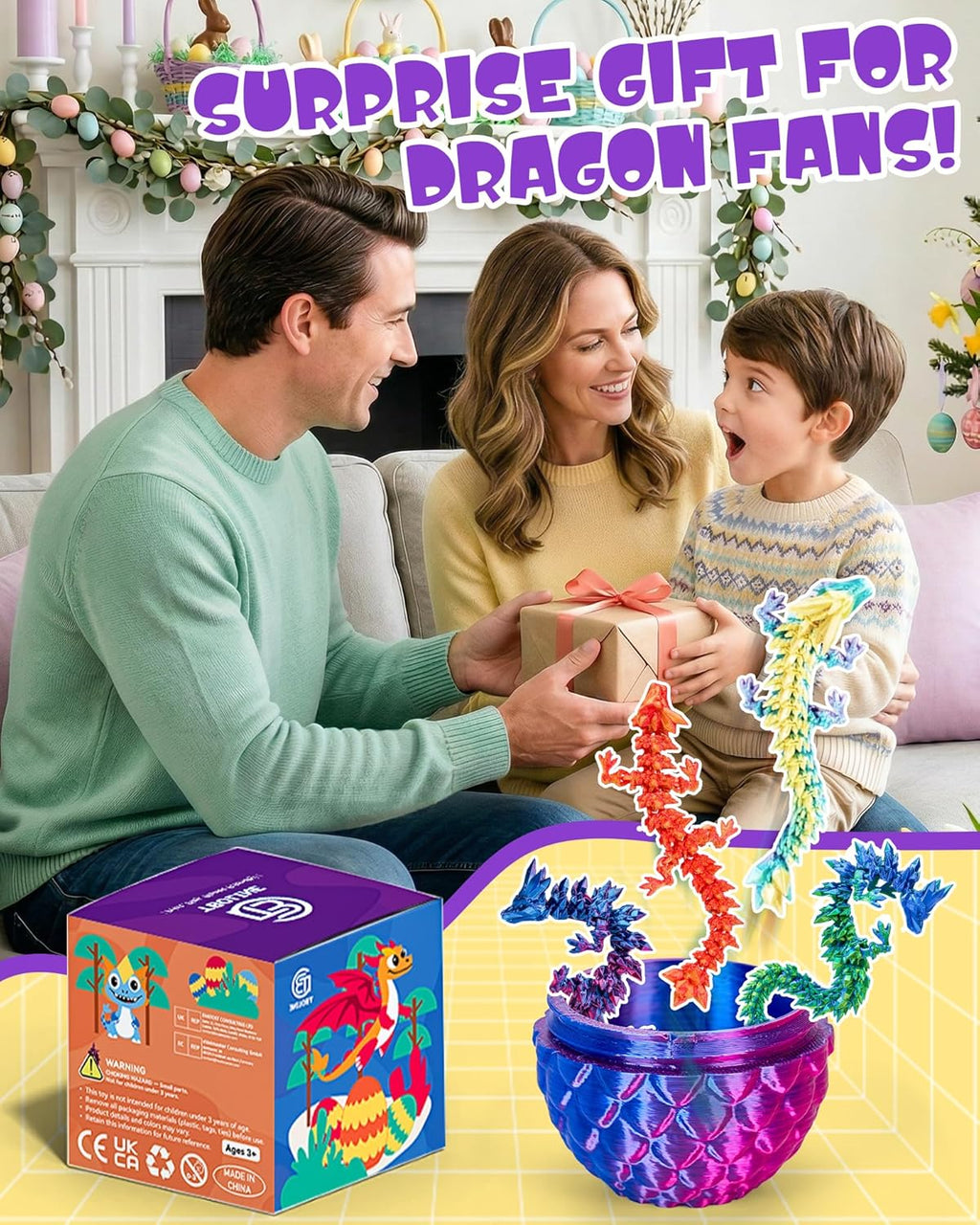 TBOLINE 4PCS 3D Printed Dragon Egg, Easter Basket Stuffers for Kids, Prefilled Easter Eggs with Toys Stuffed Egg Hunt Fillers, 3D-Printer Animals Fidget Toys Small Dinosaur Eggs for Kids Boys