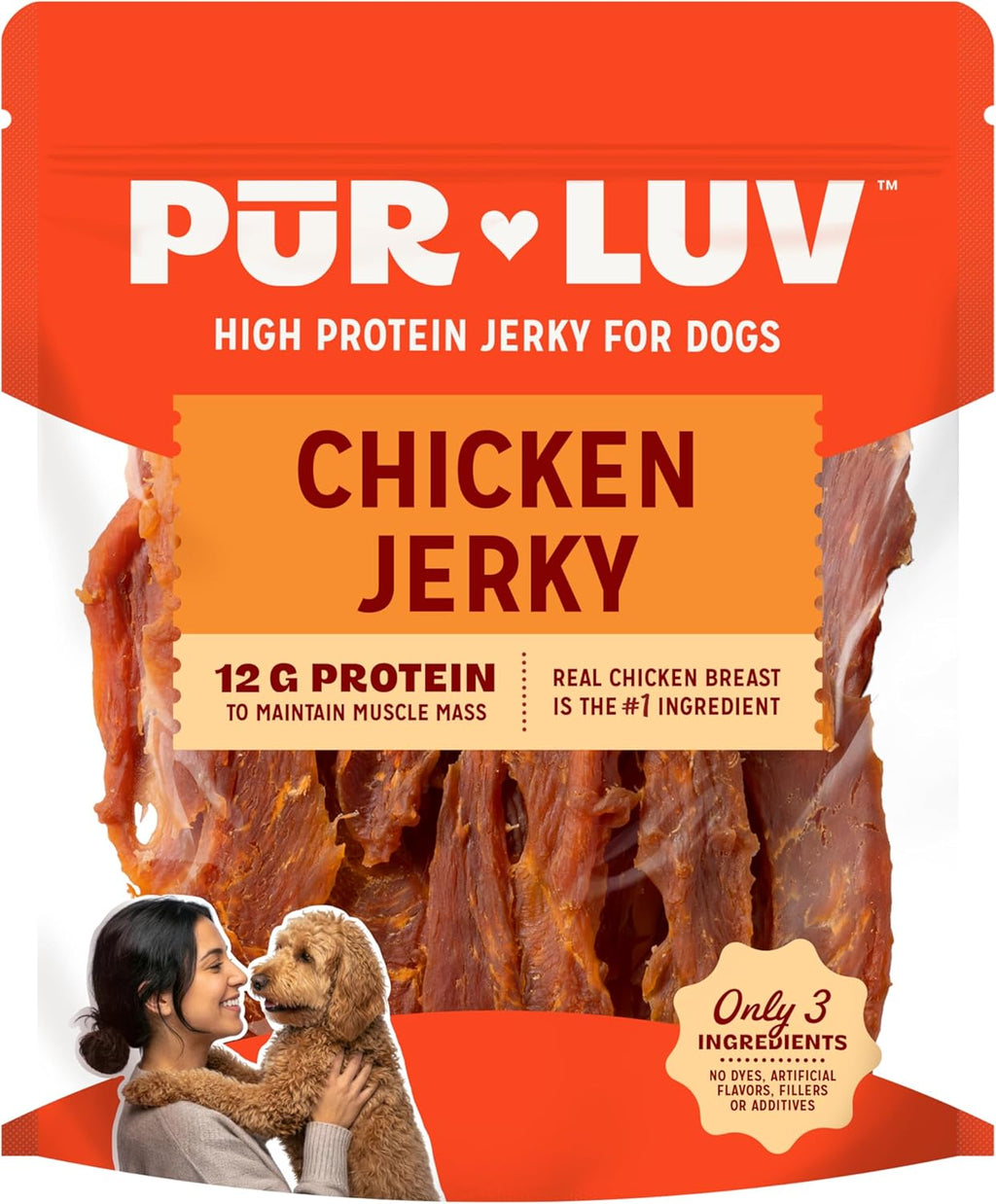 Pur Luv Chicken Jerky Dog Treats, Made with 100% Real Chicken Breast, 16 Ounces, Healthy, Easily Digestible, Long-Lasting, High Protein, Satisfies Dog's Urge to Chew