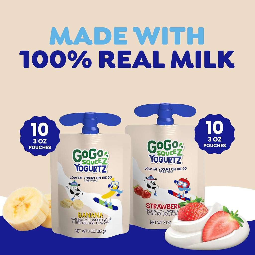 GoGo squeeZ yogurtZ Variety Pack, Strawberry & Banana, 3 oz (Pack of 20), Kids Snacks Made from Real Yogurt and Fruit, No Fridge Needed, Gluten Free, Nut Free, Recloseable Cap, BPA Free Pouches