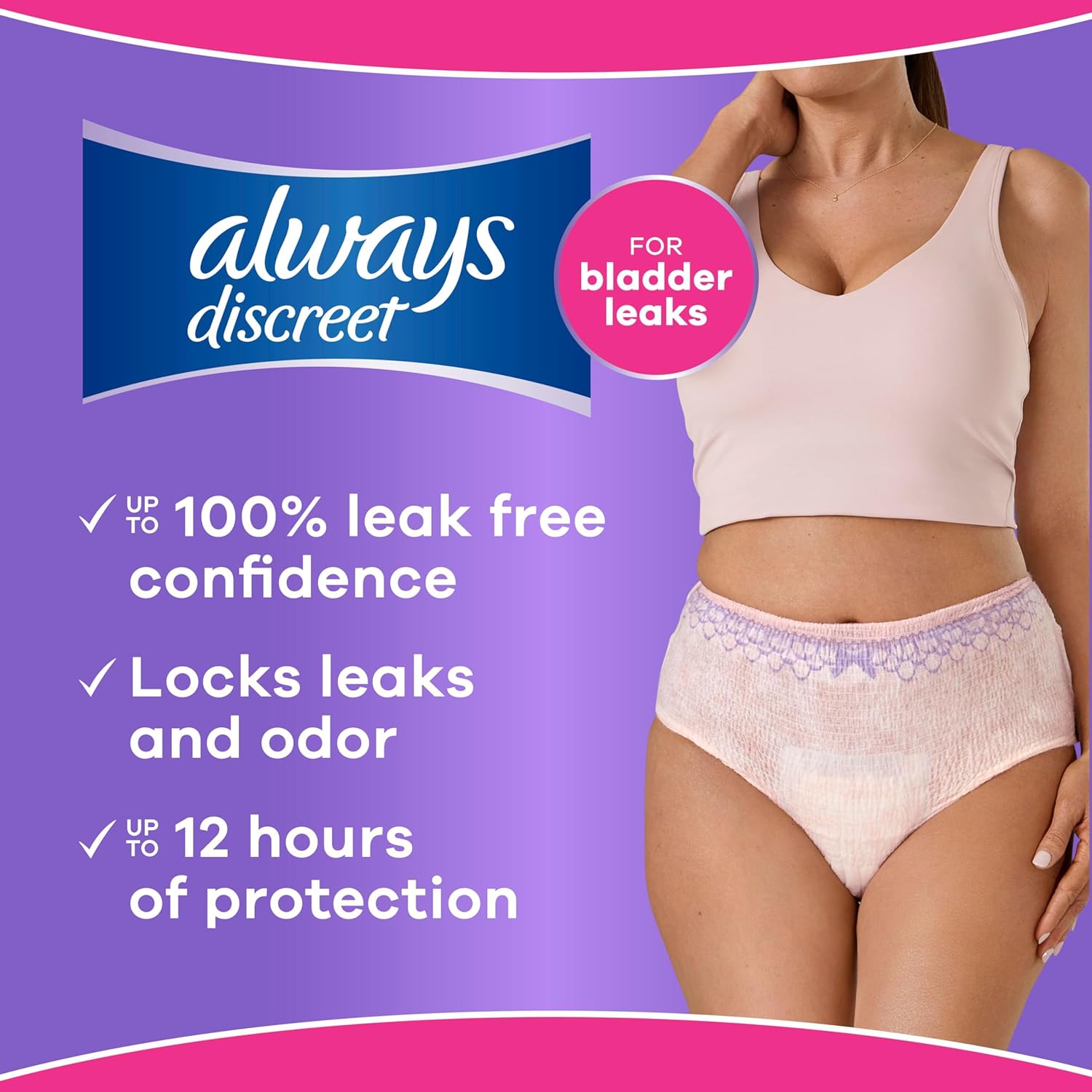 Always Discreet Adult Diapers for Women, Incontinence Underwear, Postpartum Essentials, Disposable Briefs, Max Absorbency, Bladder Leak Protection, Small/Medium, 32ct