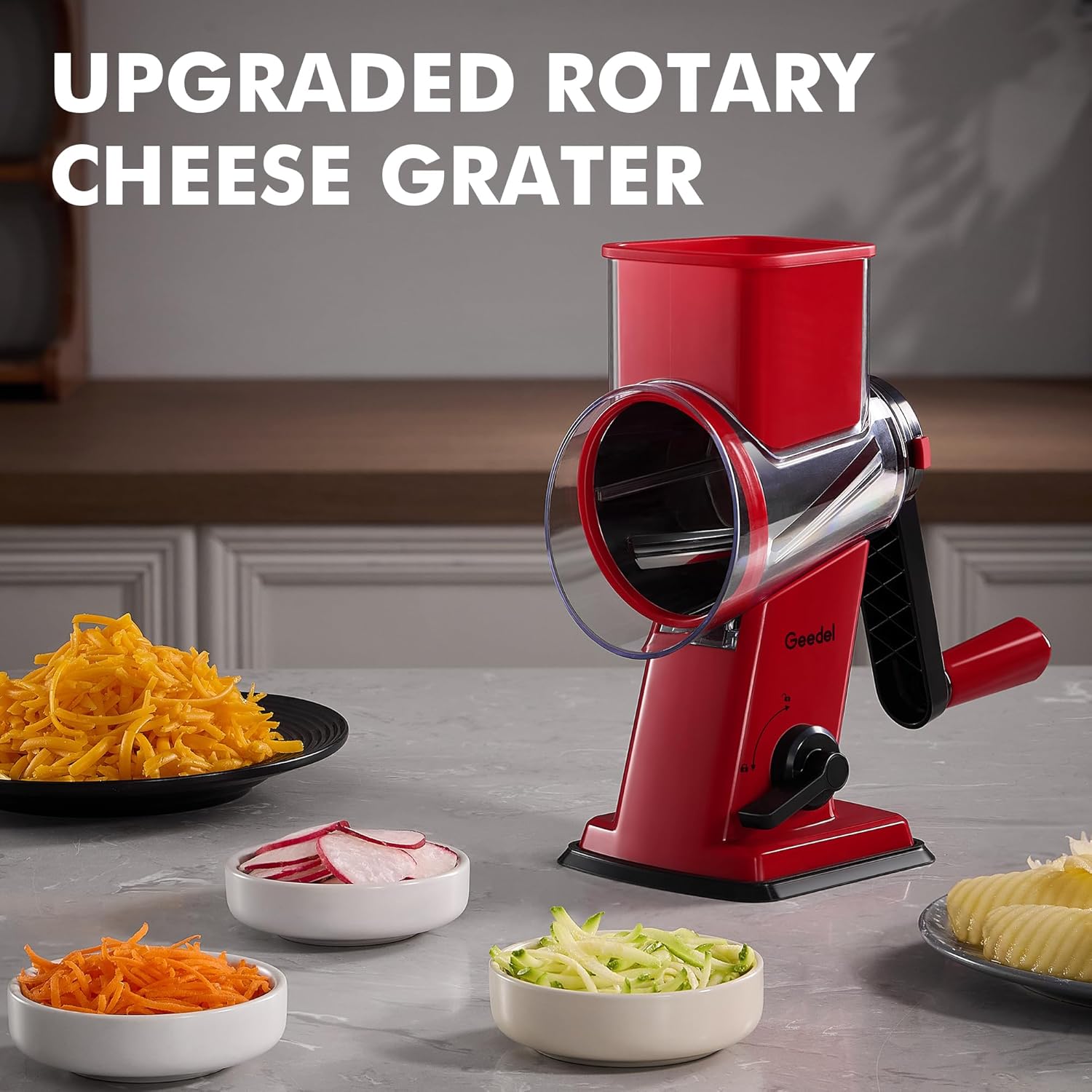 Geedel Rotary Cheese Grater, Kitchen Mandoline Vegetable Slicer with 3 Interchangeable Blades, Easy to Clean Rotary Grater Slicer for Fruit, Vegetables, Nuts