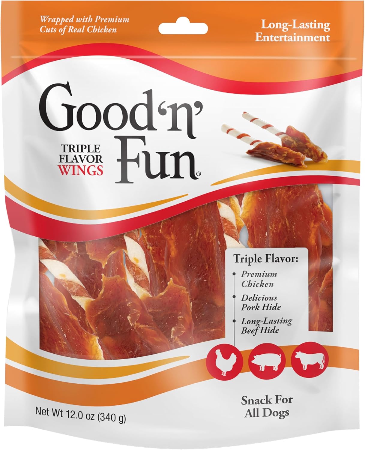 Good ‘n’ Fun Triple Flavor Wings Chews for All Dogs, 12 Ounces, Treat Your Dog to Long-Lasting Chews Made from Chicken, Pork Hide and Beef Hide