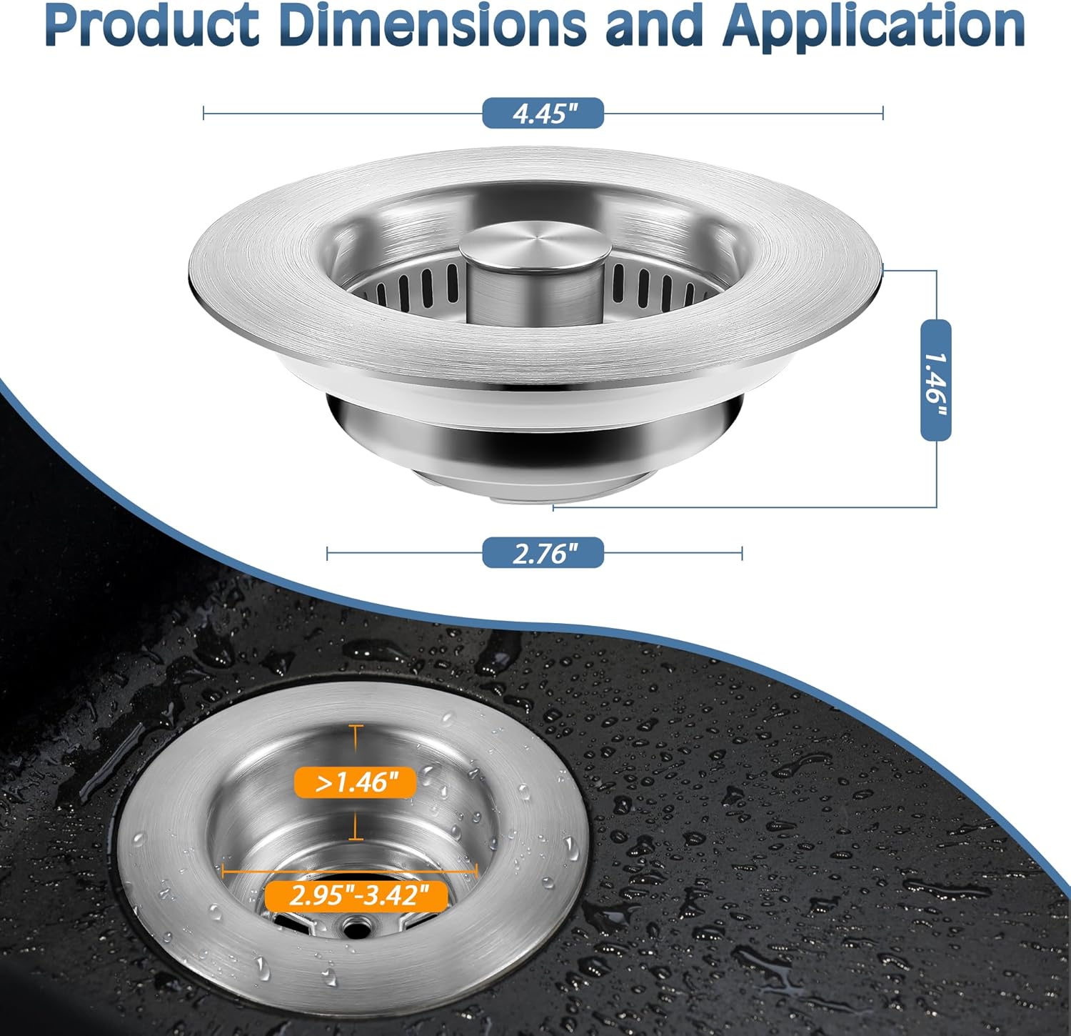 Kitchen Sink Drain Strainer 3 in 1, 304 Stainless Steel Pop Up Sink Stopper, Anti-Clogging Sink Drain Strainer for US Standard Kitchen Drain (SUS304 Brushed)
