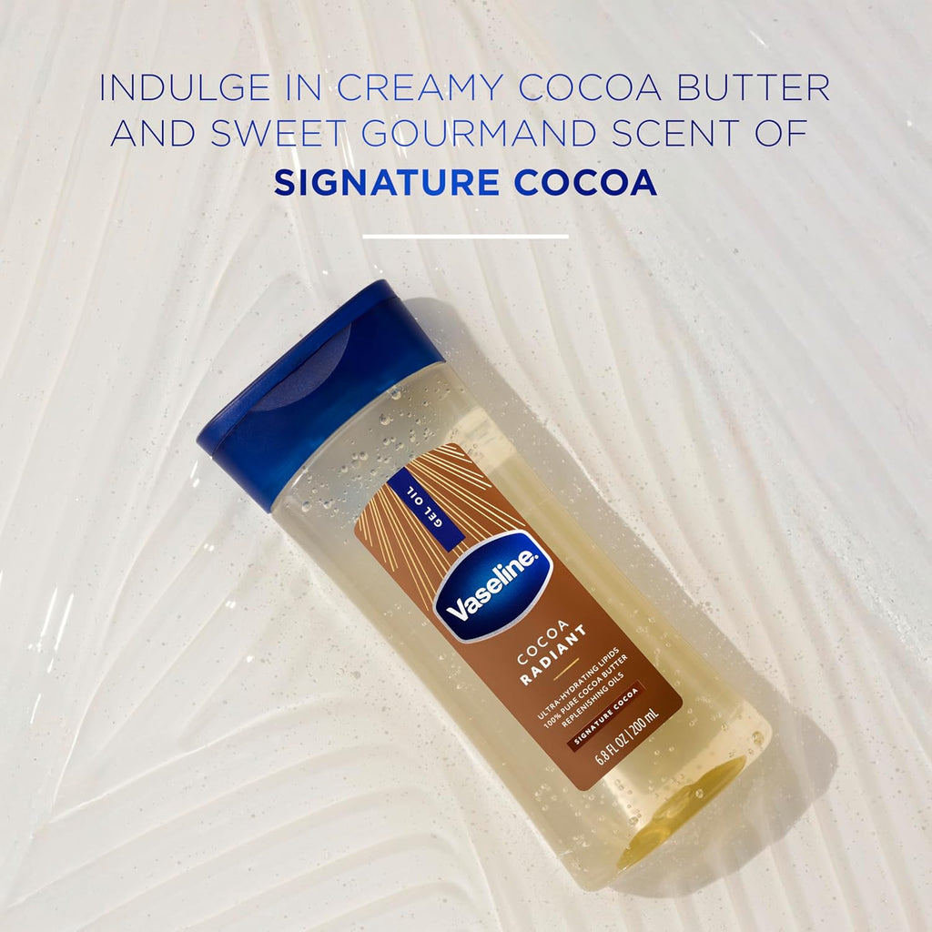 Vaseline Intensive Care Cocoa Radiant for Glowing Skin Body Gel Oil Made with Pure Cocoa Butter + Replenishing Oils 6.8 fl oz
