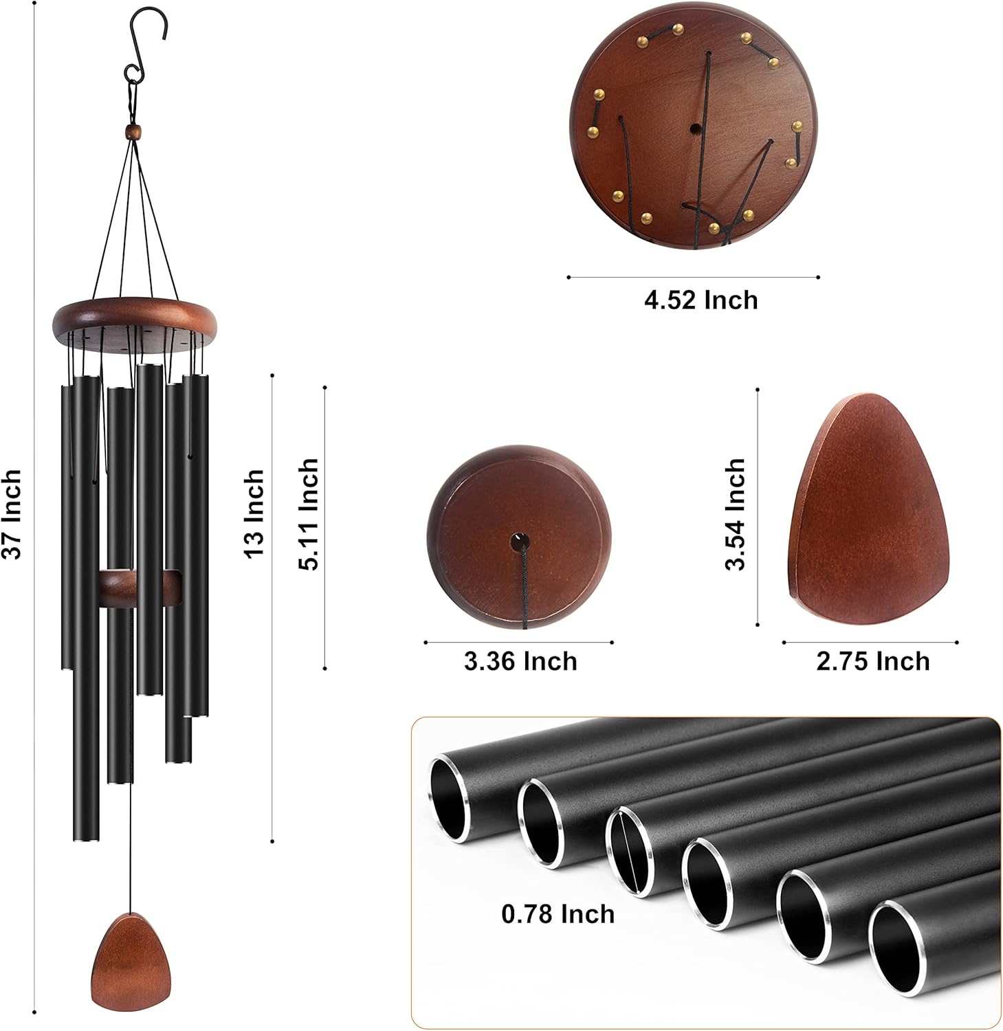 Bursvik Large Aluminium Wind Chimes 37" to Create a Zen Atmosphere Suitable for Outdoor, Garden, Patio Decoration. Classic Black Wind Chime with Wind Catcher Suitable as A Gift for Mom Neighbor Unisex