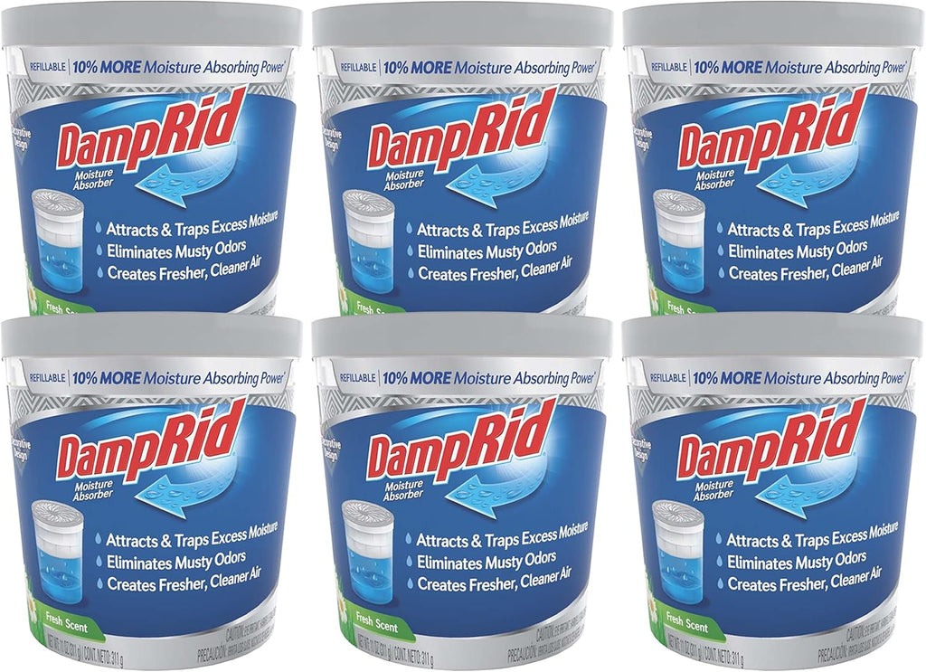 DampRid Refillable Moisture Absorber, 11 oz., 6-Pack - Fresh Scent Moisture Absorbers, 10% More Absorbing Power*, Eliminates Musty Odors for Fresher, Cleaner Air