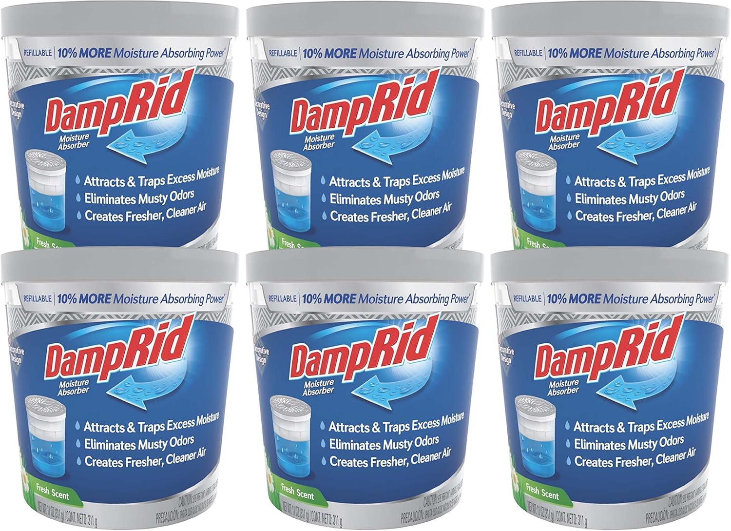 DampRid Refillable Moisture Absorber, 11 oz., 6-Pack - Fresh Scent Moisture Absorbers, 10% More Absorbing Power*, Eliminates Musty Odors for Fresher, Cleaner Air