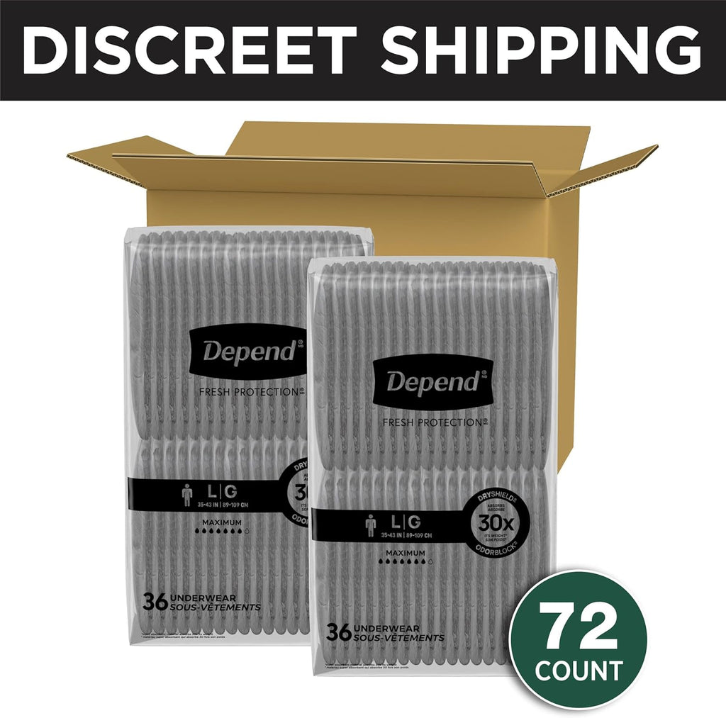 Depend Fresh Protection Adult Diapers, Incontinence Underwear for Men, Disposable, Maximum, Large, Grey, 72 Count (2 Packs of 36), Packaging May Vary