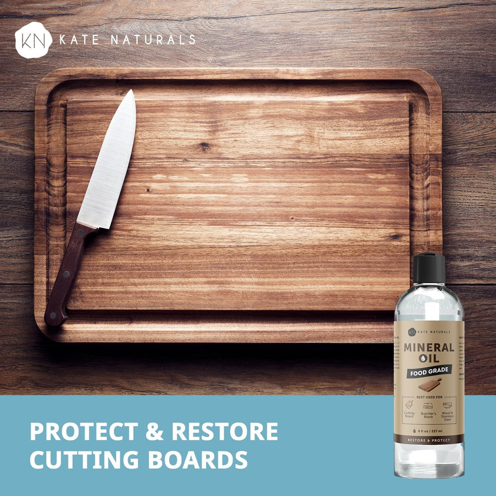 Kate Naturals Mineral Oil for Wood Cutting Board, Butcher Block, and Knife. Food Grade Mineral Oil for Wooden Cutting Board & Utensils (8oz, Food Safe)