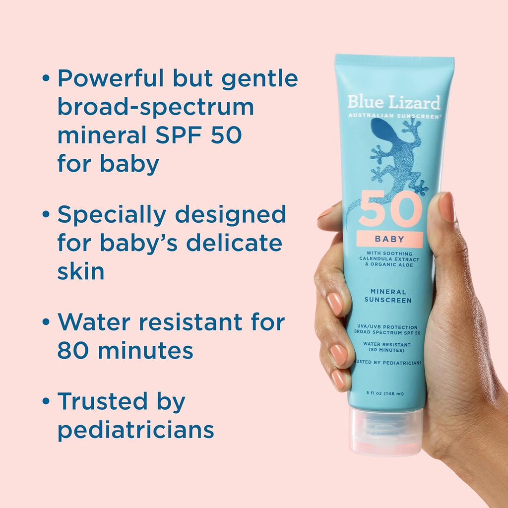 Blue Lizard BABY Mineral Sunscreen with Zinc Oxide, SPF 50+, Water Resistant, UVA/UVB Protection with Smart Cap Technology - Fragrance Free, 5 oz. Tube