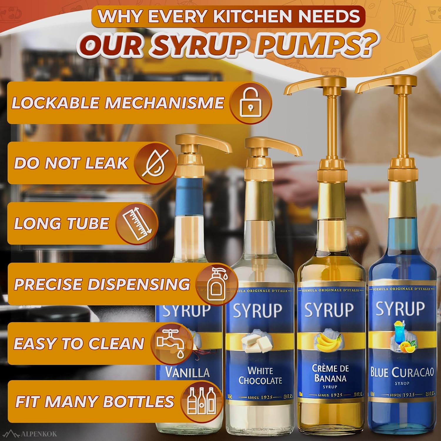 4 Pcs Coffee Syrup Pump Dispenser - Works as Skinny and Torani Syrup Pump - Fits Various 25.4 oz Bottles, Precise Dispensing 0.3oz & Lockable Design, Easy to Use & Clean, Ideal for Liquid & Pastes