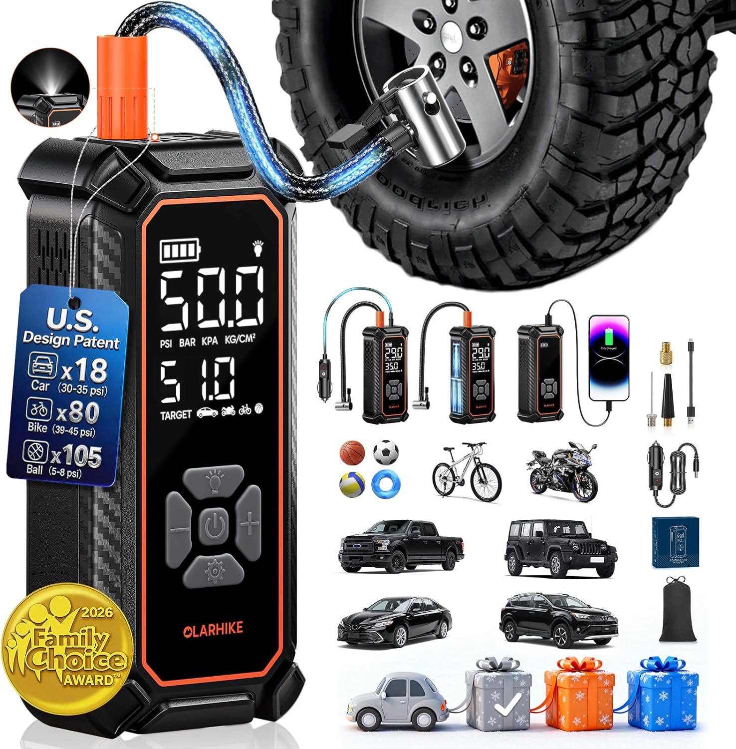 OlarHike Tire Inflator Portable Air Compressor, 150PSI Dual Power - 6000mAh & 12V DC, Cordless Air Pump for Car Tires, Bikes, Motorcycle, Balls with LED & Digital Pressure Gauge, Gift for Mom