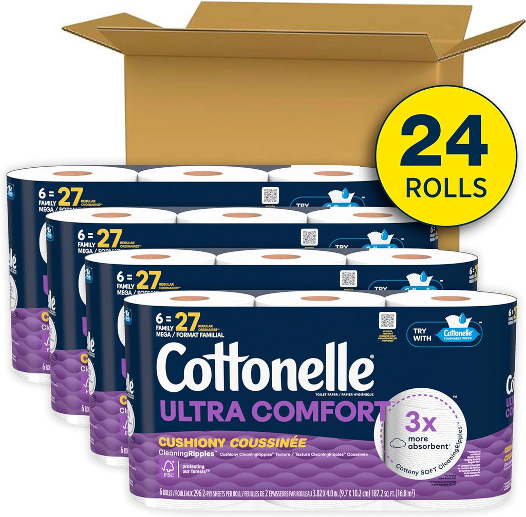 Cottonelle Ultra Comfort Toilet Paper with Cushiony CleaningRipples Texture, Strong Bath Tissue, 24 Family Mega Rolls = 108 Regular Rolls (4 Packs of 6)