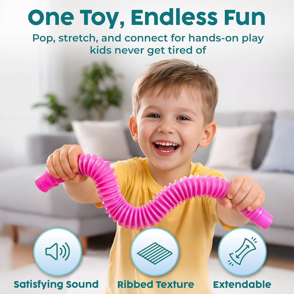 BUNMO Pop Tubes - Sensory Toys - Fidget Toys - Imaginative Play & Stimulating Creative Learning - Hours of Fun for Kids - Tons of Ways to Play - Non-Mouthable Toy 3+ - 4 Pack Large