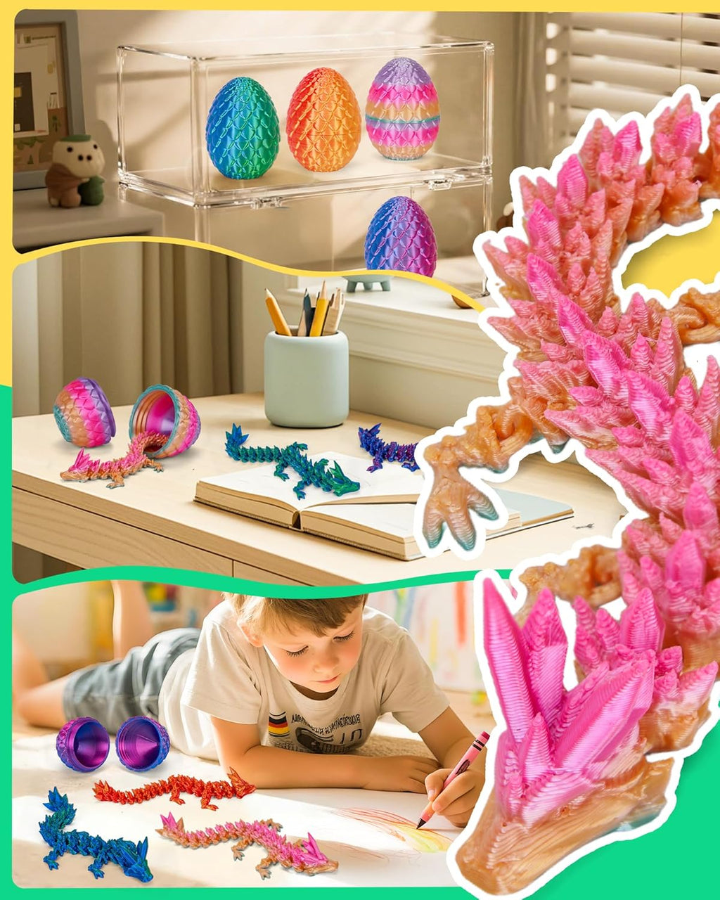 TBOLINE 4PCS 3D Printed Dragon Egg, Easter Basket Stuffers for Kids, Prefilled Easter Eggs with Toys Stuffed Egg Hunt Fillers, 3D-Printer Animals Fidget Toys Small Dinosaur Eggs for Kids Boys