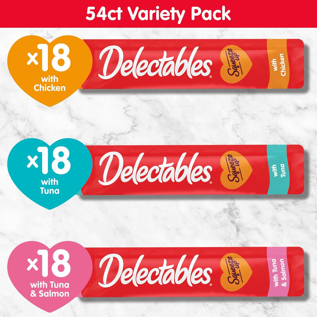 Delectables Squeeze Up Variety Pack, Creamy Squeezable Puree, Lickable Wet Cat Treats, Grain Free, No Added Fillers, No By-Products, No Added Preservatives, 0.5 Ounces Tube, 54 Tubes Total