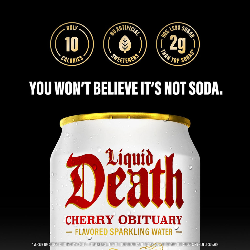 Liquid Death Soda-Flavored Sparkling Water - Cherry Obituary, Less Sugar*, Huge Flavor, No Caffeine, No Artificial Sweeteners, 12 Fl Oz (Pack of 12)