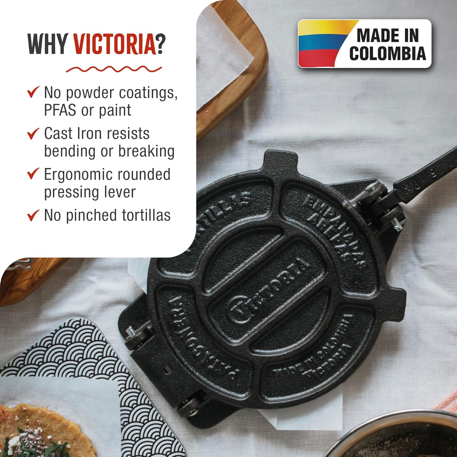 Victoria 8 Inches Cast Iron Tortilla Press, Roti Maker and Tortilladora, Pataconera Seasoned with Flaxseed Oil, Made in Colombia, Traditional Style, Black