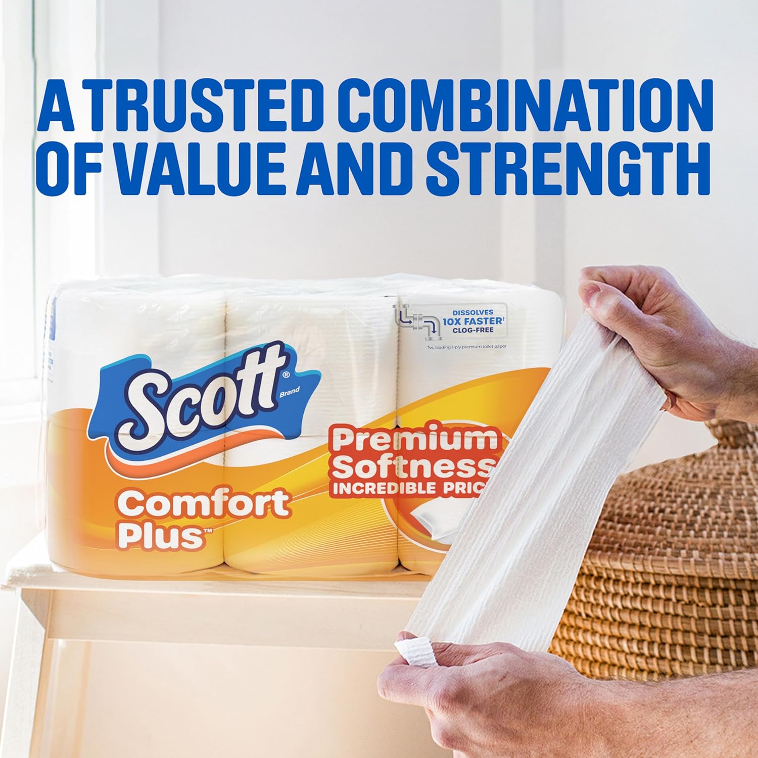 Scott ComfortPlus Toilet Paper, 12 Triple Rolls, 231 Sheets per Roll, Septic-Safe, 1-Ply Toilet Tissue