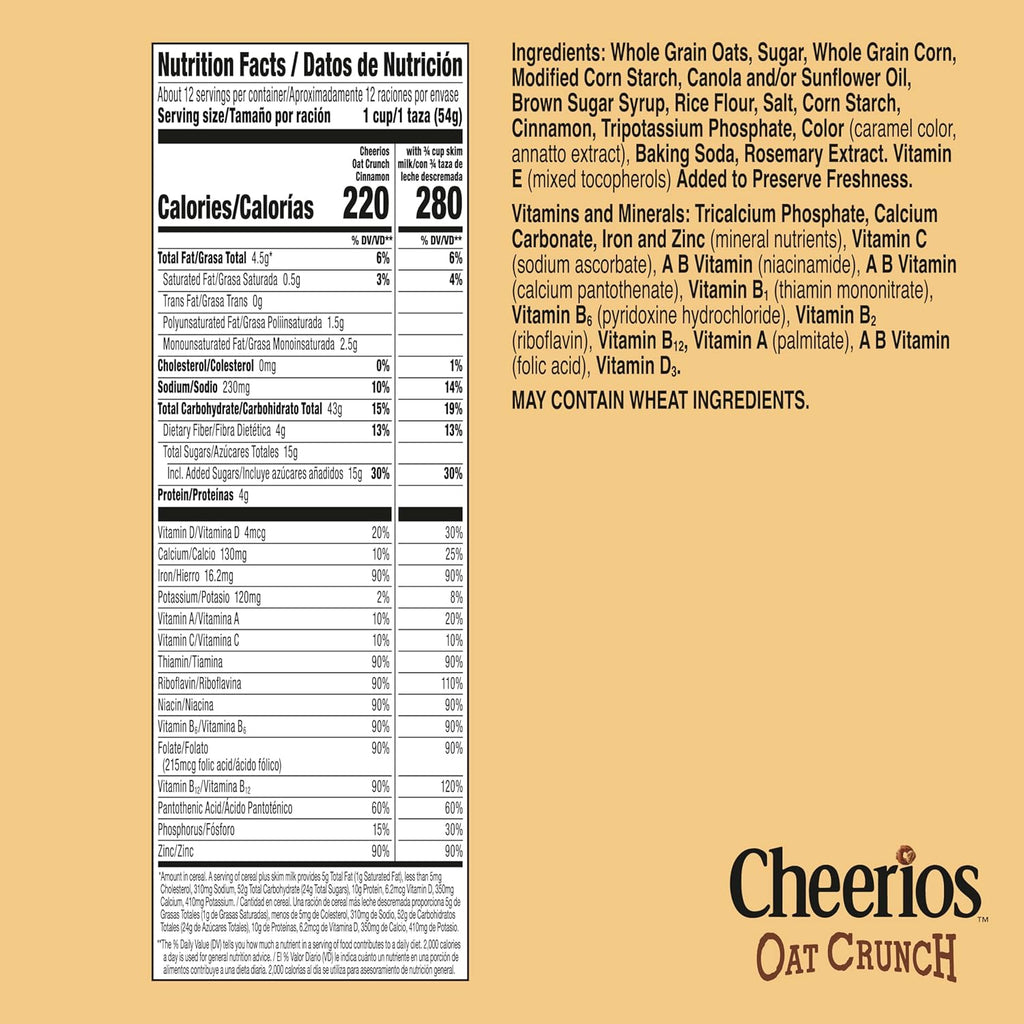 Cheerios Oat Crunch Cinnamon Breakfast Cereal, Made with Whole Grain, Family Size, 24 oz