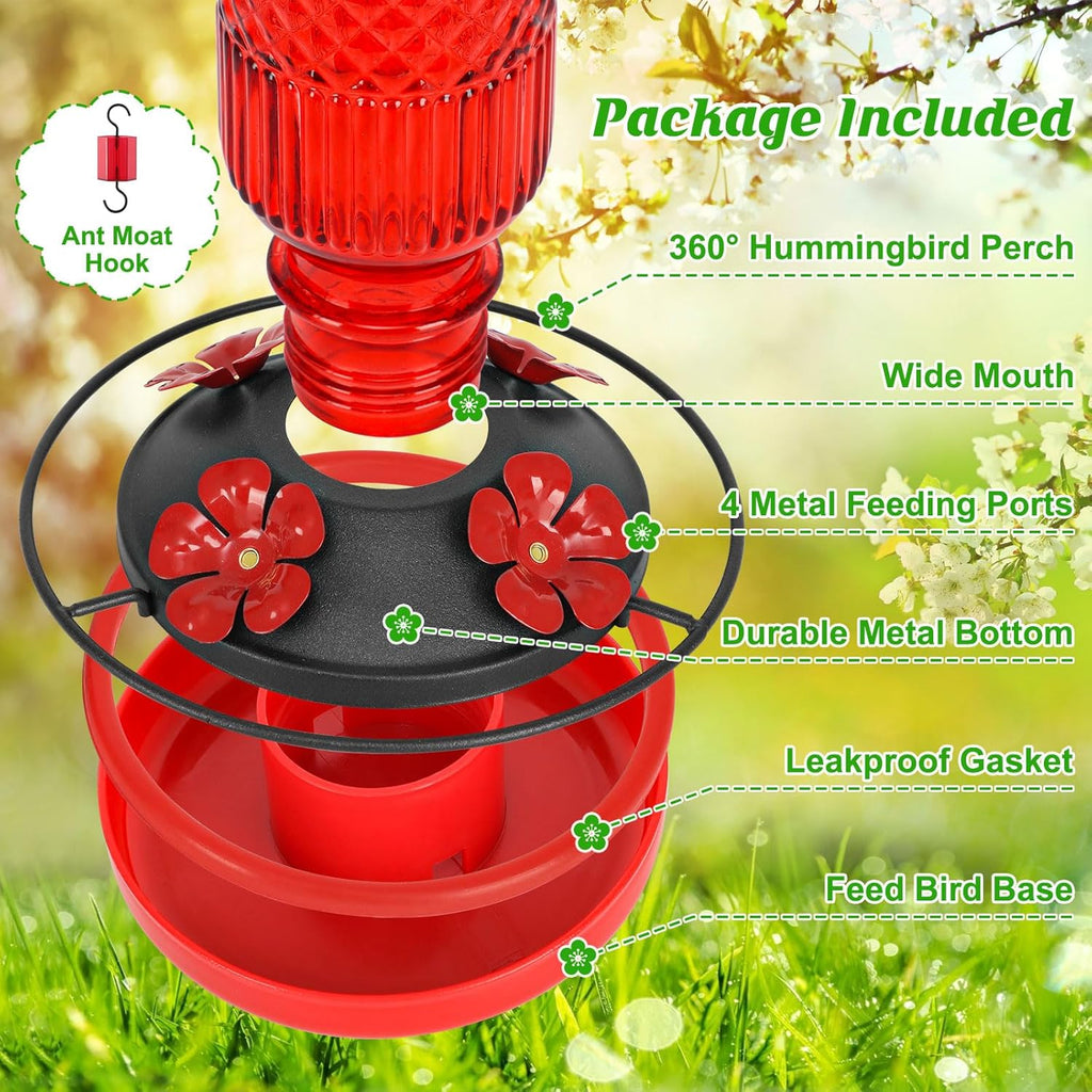 FEED GARDEN Glass Hummingbird Feeder, 16oz Outdoor Hanging Bird Feeder with Ant Moat, 4 Bee-Proof Feeding Ports, 360° Perch, Leak-Proof, Red