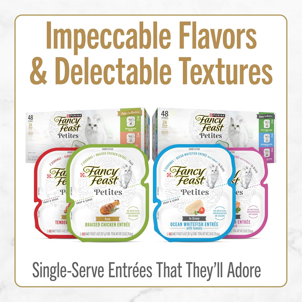 Purina Fancy Feast Gourmet Wet Cat Food Variety Pack, Petites Gravy Collection, break-apart tubs, 48 servings - (Pack of 24) 2.8 oz. Tubs