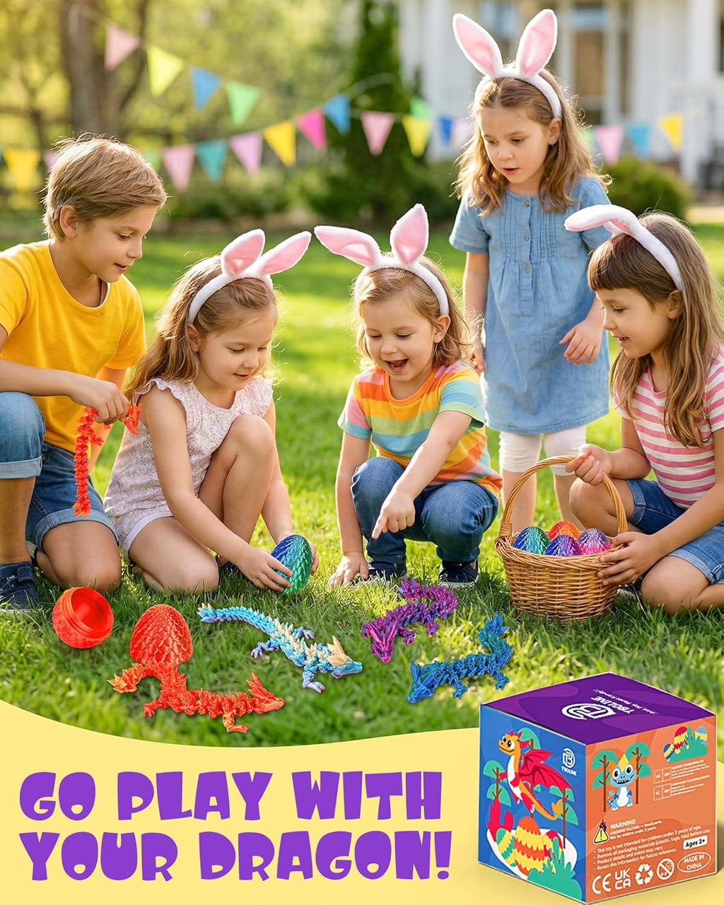 TBOLINE 4PCS 3D Printed Dragon Egg, Easter Basket Stuffers for Kids, Prefilled Easter Eggs with Toys Stuffed Egg Hunt Fillers, 3D-Printer Animals Fidget Toys Small Dinosaur Eggs for Kids Boys