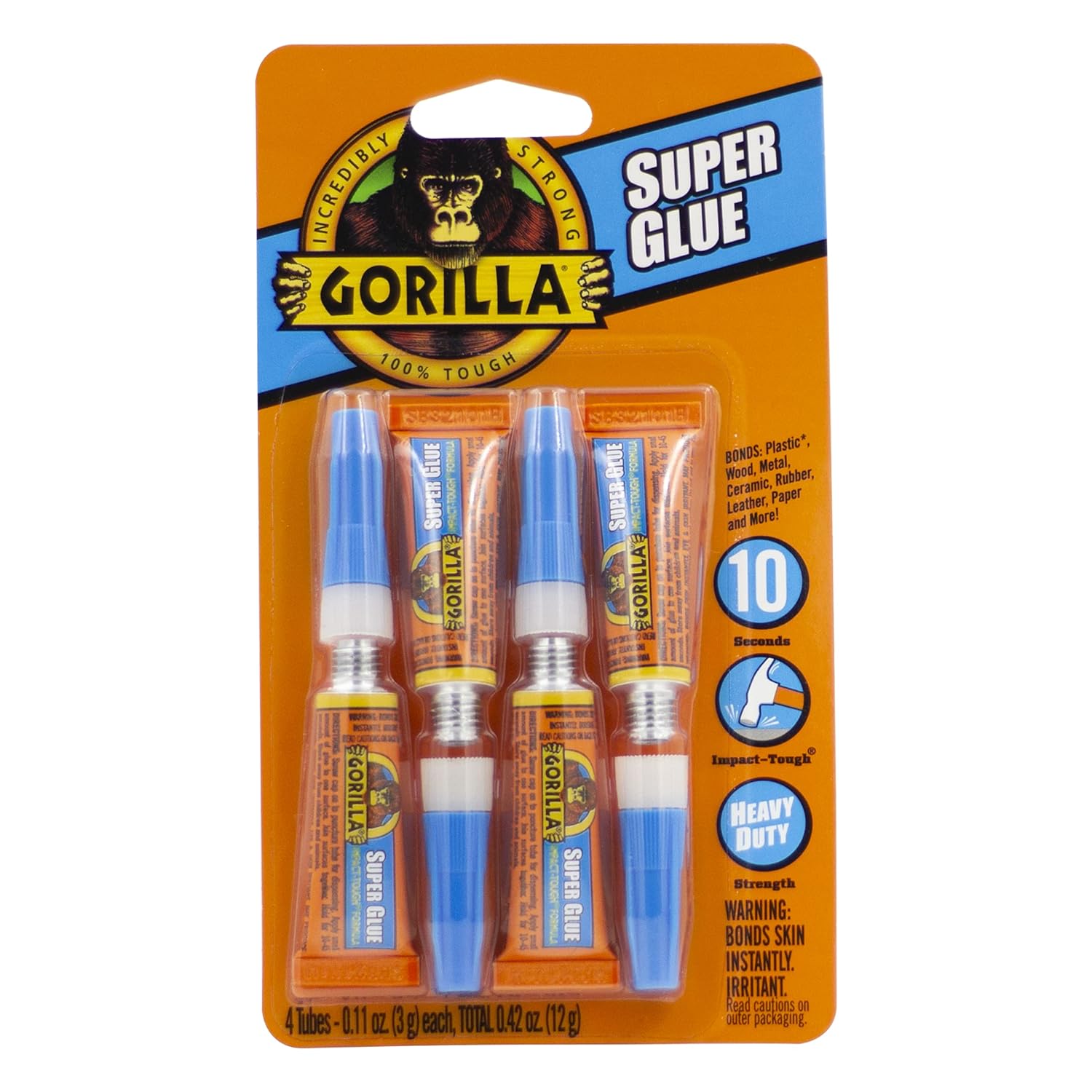 Gorilla Super Glue, Fast‑Setting, Impact‑Tough All‑Purpose Adhesive with Anti-Clog Cap, 4 -3 g Tubes, (Pack of 1) - Clear