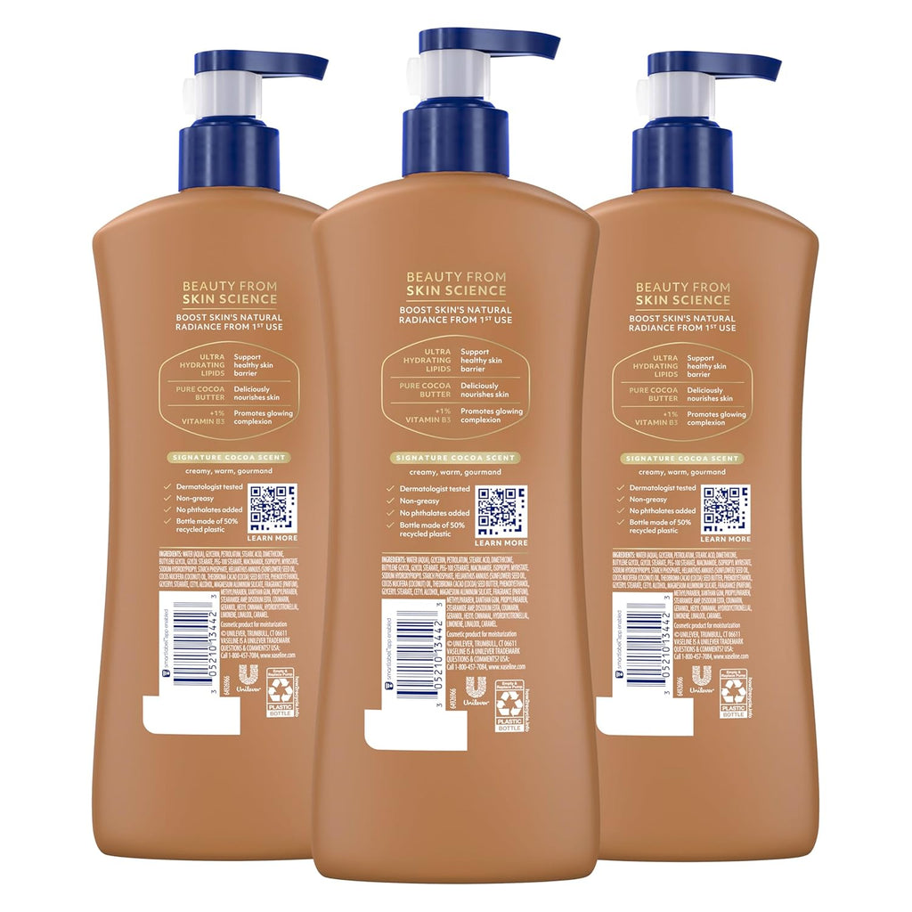 Vaseline Intensive Care Body Lotion Cocoa Radiant 3 count for Dry Skin Lotion Made with Ultra-Hydrating Lipids and Pure Cocoa Butter for a Long-Lasting, Radiant Glow 20.3 Oz