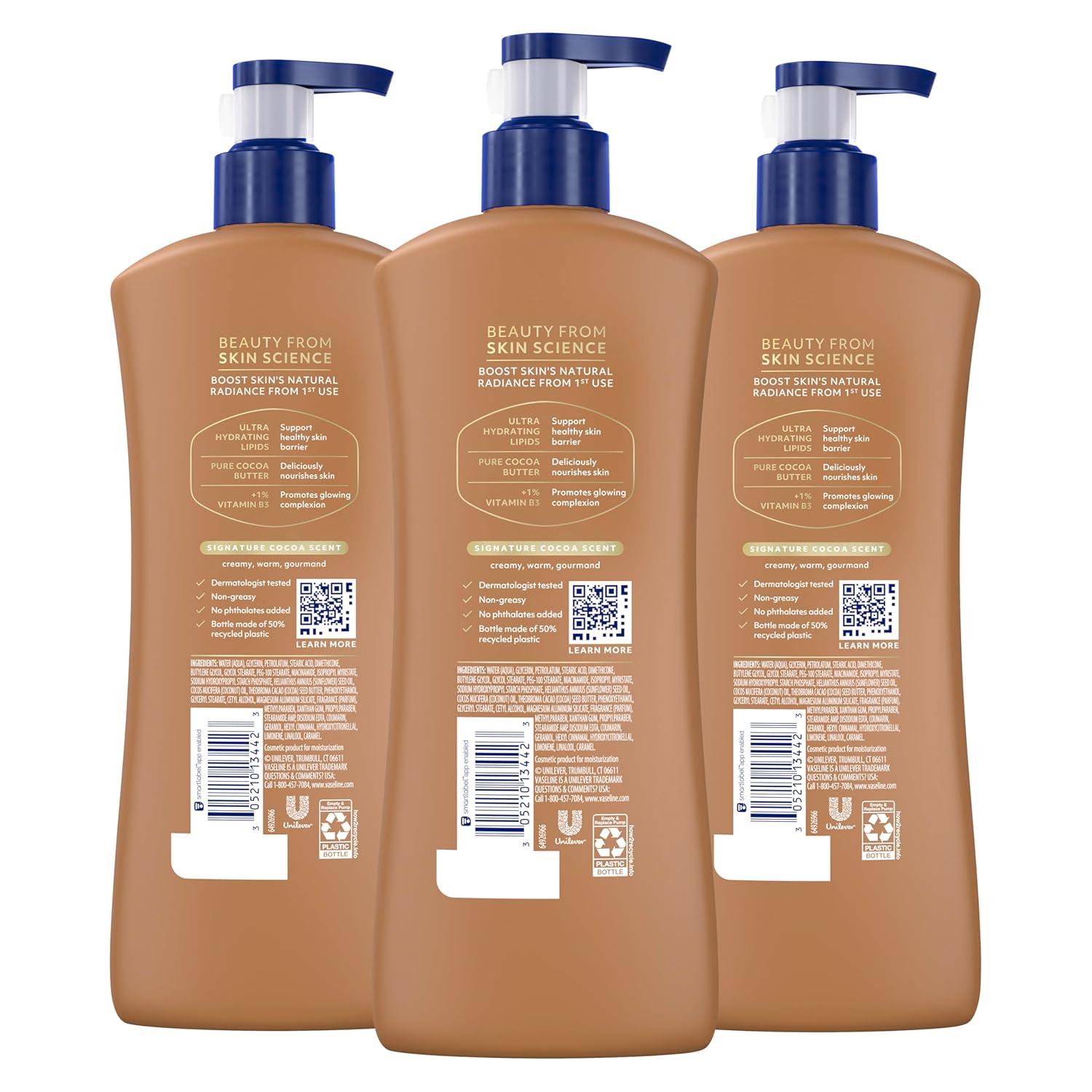 Vaseline Intensive Care Body Lotion Cocoa Radiant 3 count for Dry Skin Lotion Made with Ultra-Hydrating Lipids and Pure Cocoa Butter for a Long-Lasting, Radiant Glow 20.3 Oz