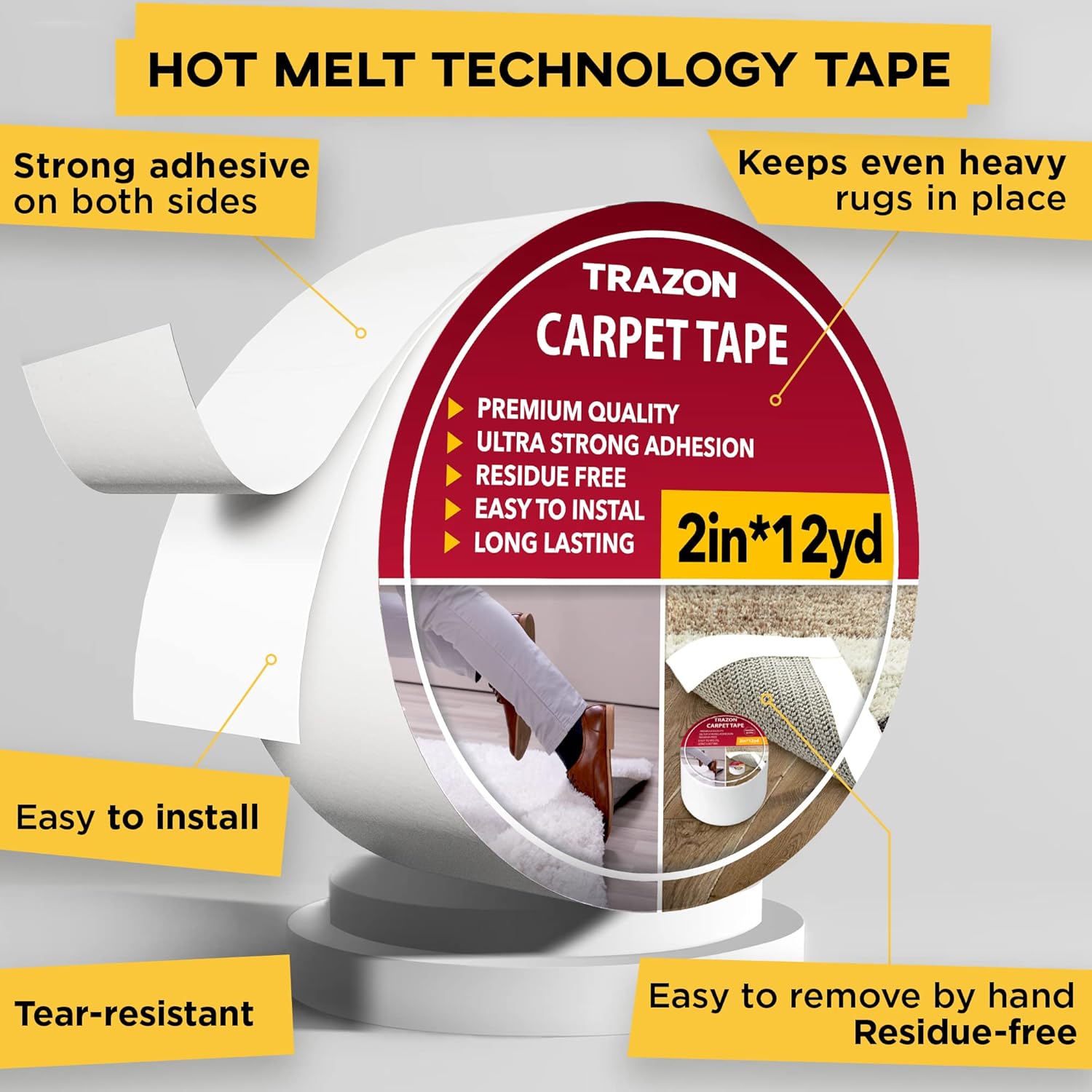 Carpet Tape Double Sided - Rug Tape Grippers for Hardwood Floors and Area Rugs - Carpet Binding Tape Strong Adhesive and Removable, Heavy Duty Stickers Grip Tape, Residue Free (2 Inch / 12 Yards)