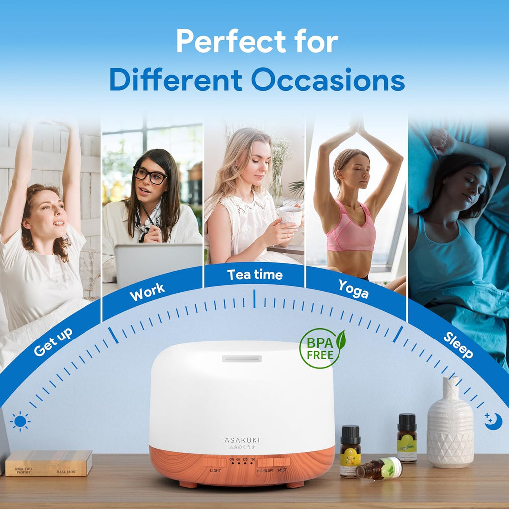 ASAKUKI Essential Oil Diffuser for Home, 500ML Aromatherapy Diffuser Humidifier with Remote Control, 7 Color LED Lights, Quiet Cool Mist Diffuser for Bedroom, Office, Gift for Mom (Yellow)
